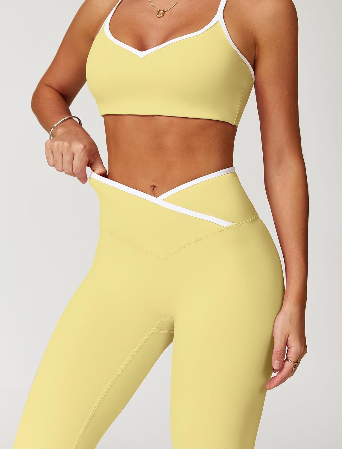 Women's Workout Set Strappy Sports Bra Leggings Yellow