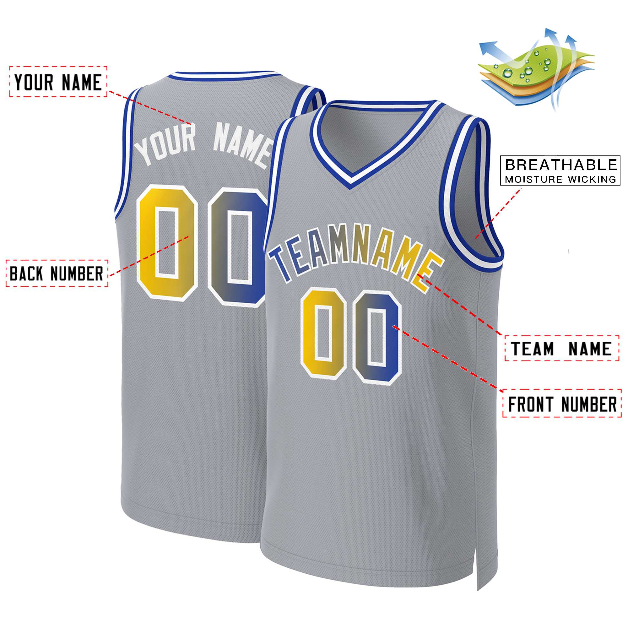 Benutzerdefiniertes Basketballtrikot mit klassischem Farbverlauf und modischen Oberteilen