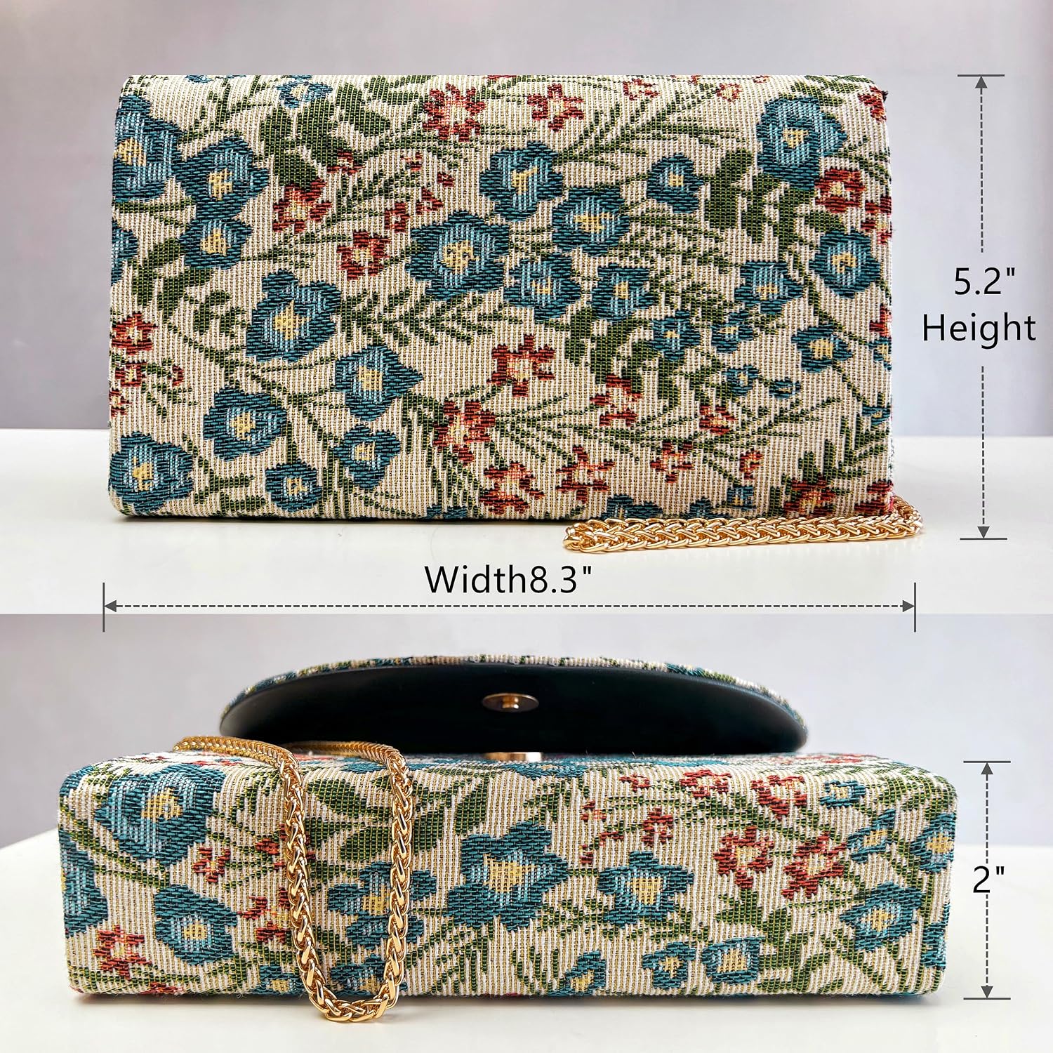 Women's Floral Tapestry Clutch with Gold Chain Strap