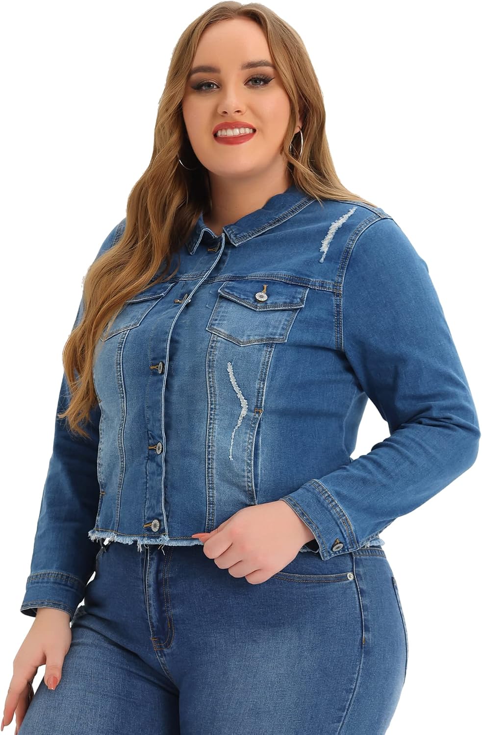 Women's Plus Size Distressed Denim Jacket Raw Hem