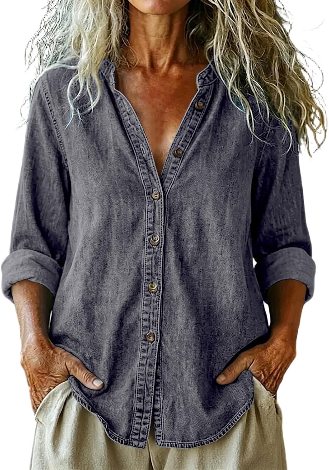 Jean Shirts for Women Vintage V Neck Button down Denim Blouses Dressy Long Sleeve Tops Ripped Distressed Shirt Jackets Breathable Relaxed Fit Cardigan