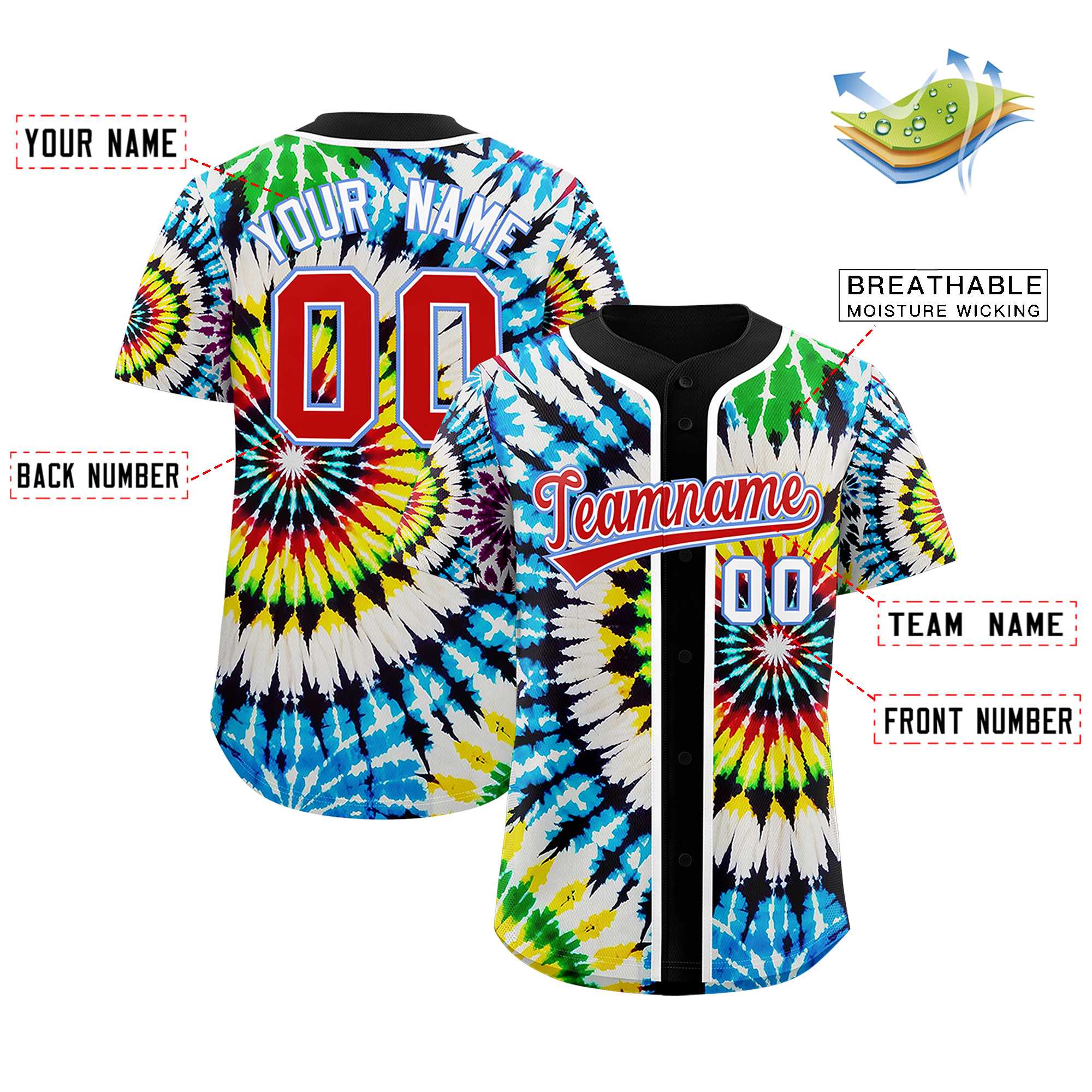 Authentisches Baseball-Trikot mit individuellem Tie-Dye-Graffiti-Muster Authentisches Baseball-Trikot mit individuellem Tie-Dye-Graffiti-Muster