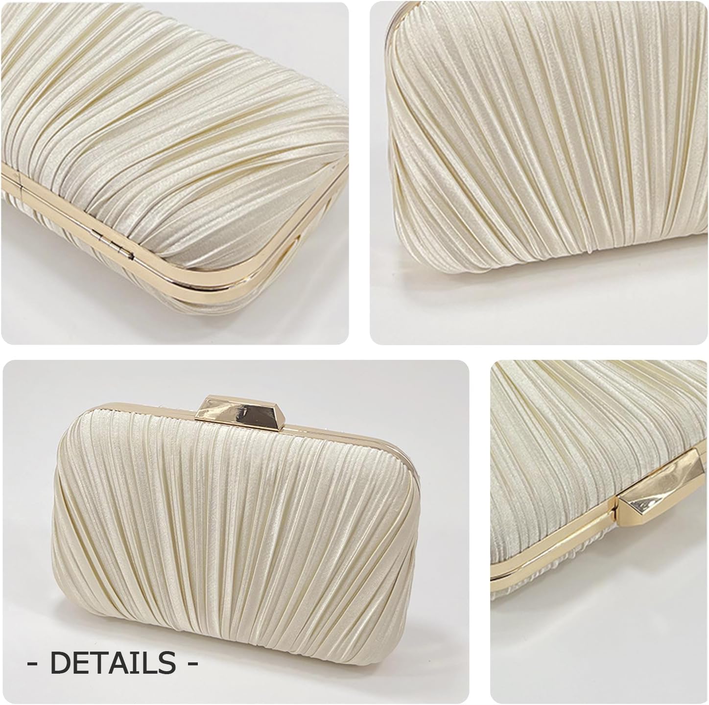 Women's Pleated Satin Clutch Evening Bag with Gold Chain