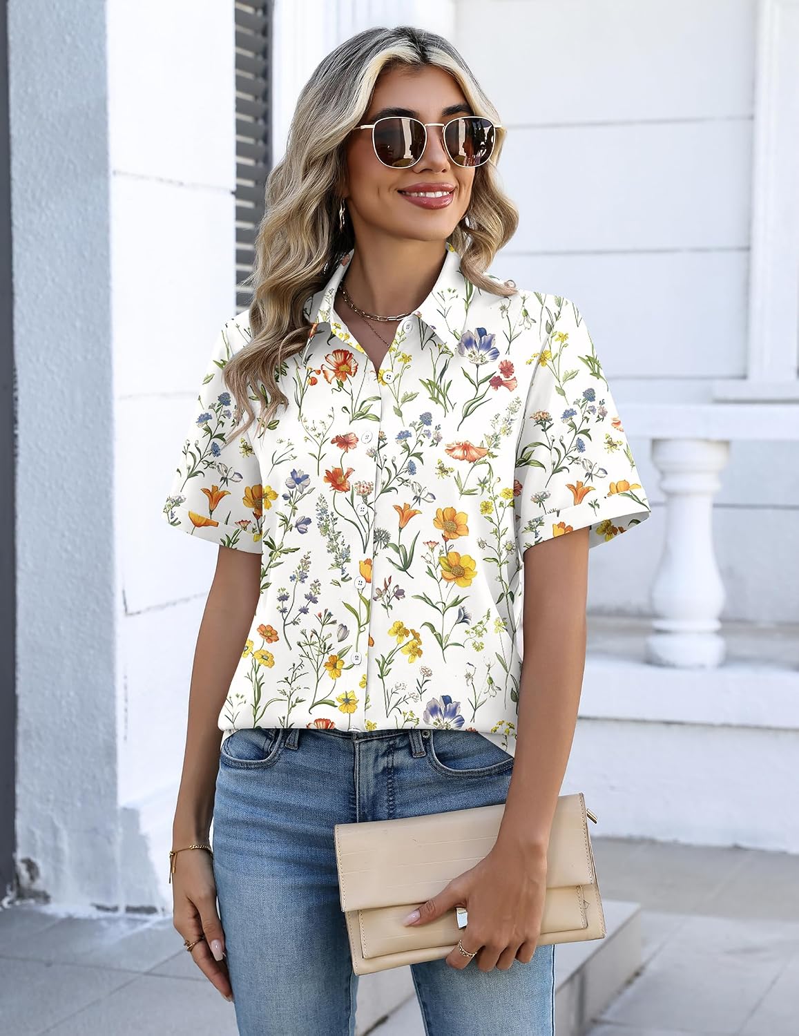 Button Down Shirts for Women Short Sleeve Collared Tops Dressy V Neck Blouses