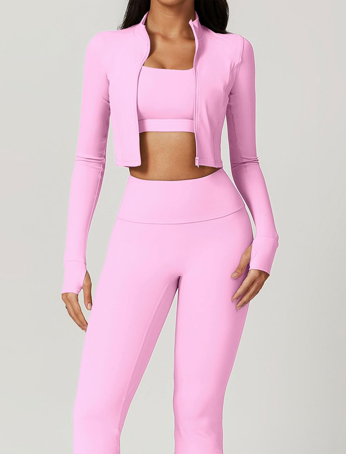 Workout Sets for Women 3 Piece Long Sleeve Zip Up Jacket Crop Top High Waisted Yoga Leggings Gym Athletic Sets