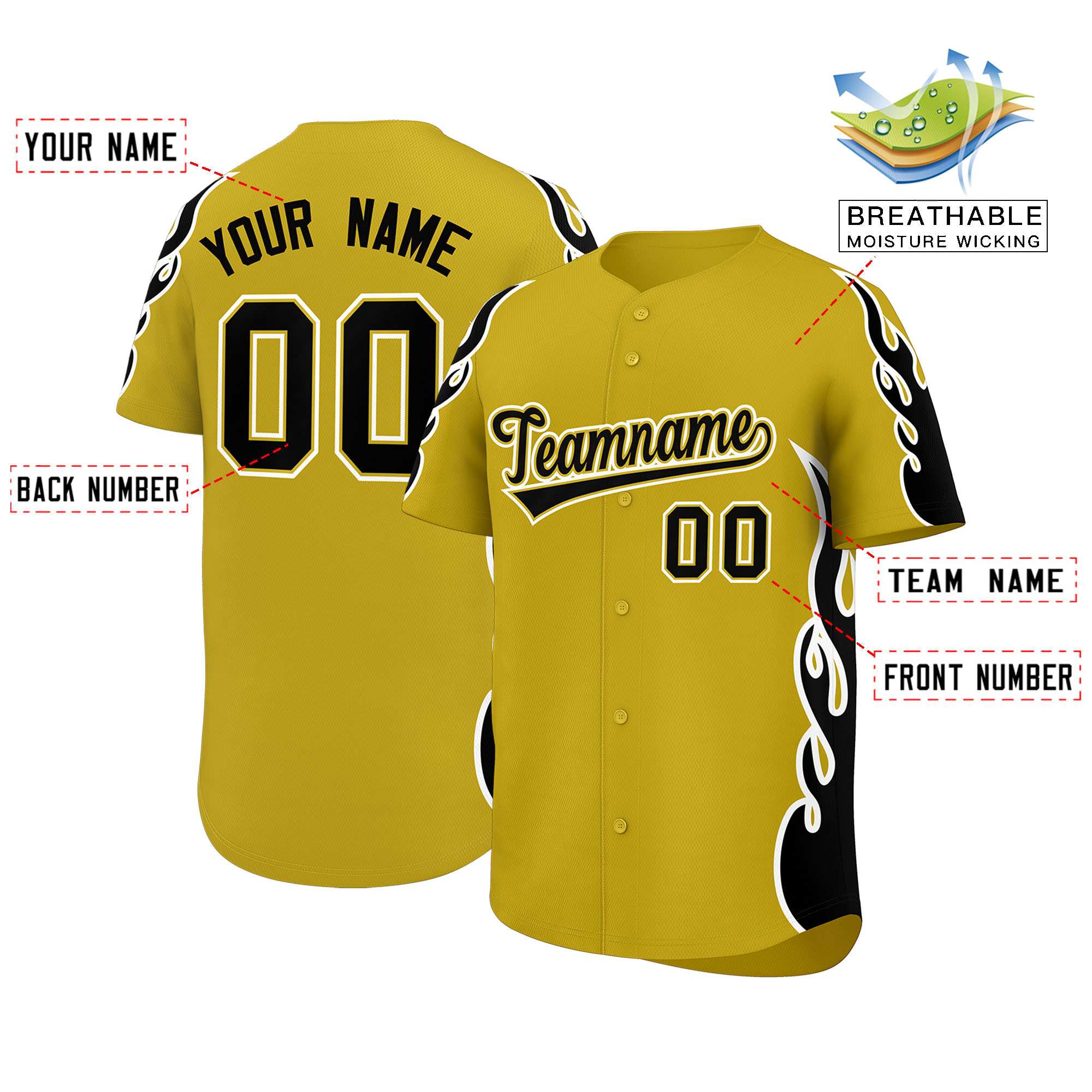 Benutzerdefiniertes Baseball-Trikot mit Seitenflammen-Umrissmuster für Sportuniformen