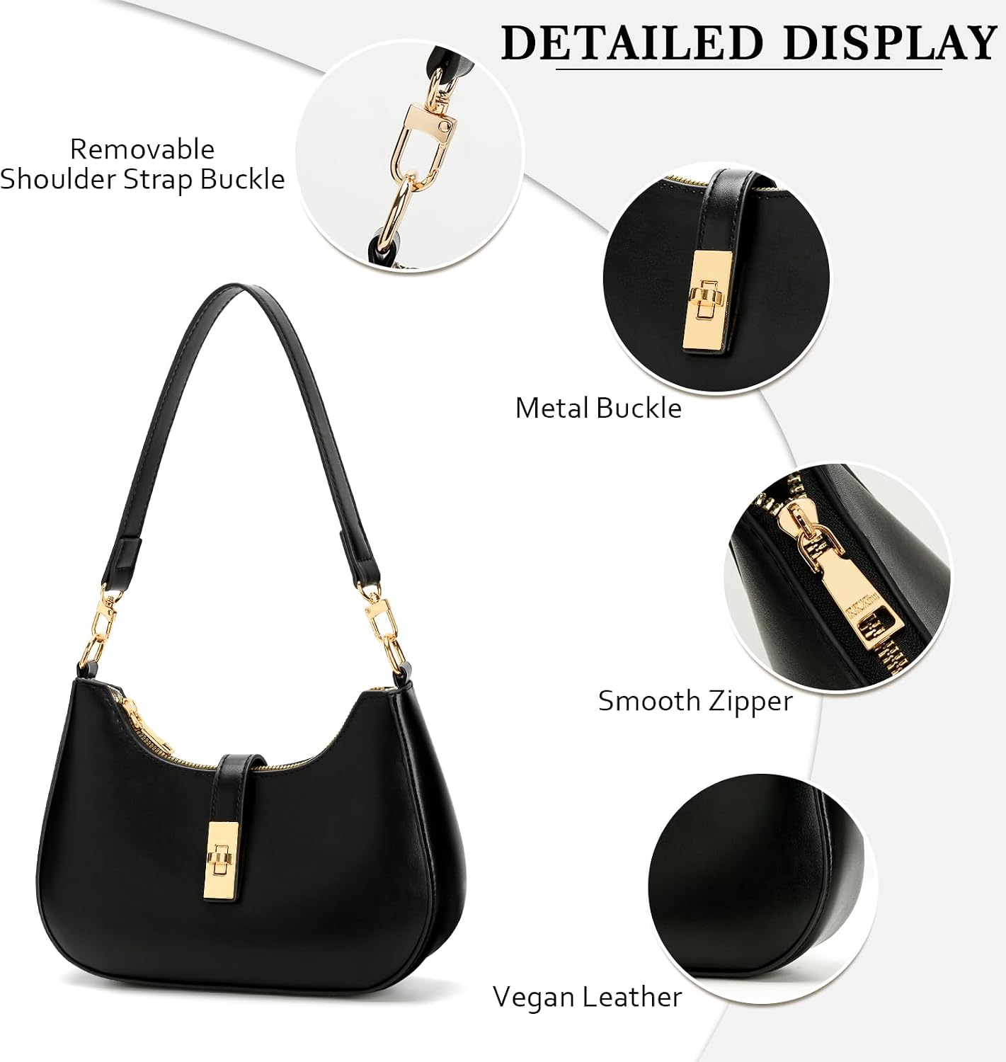 Women's Black PU Hobo Shoulder Bag Gold Clasp