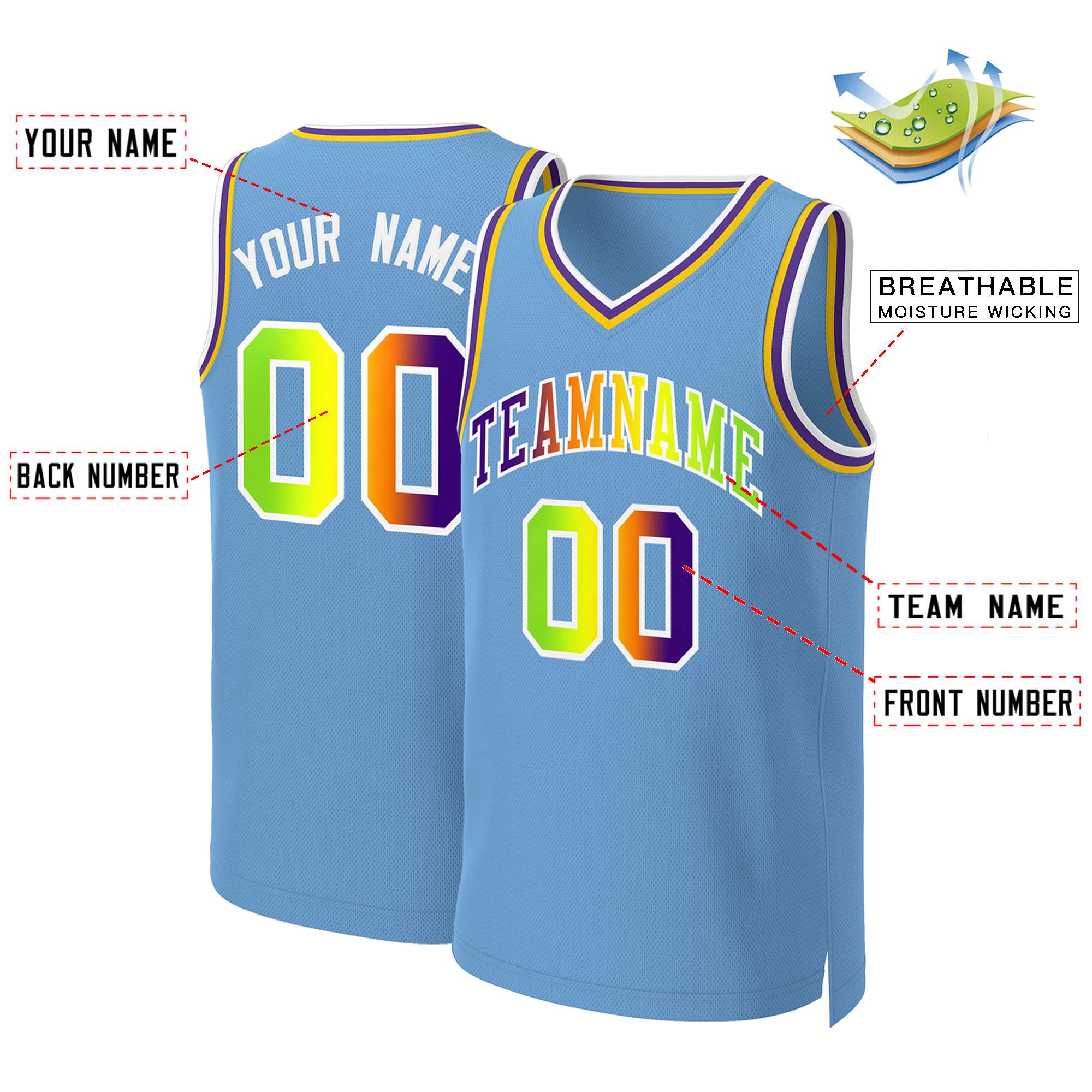 Benutzerdefiniertes Basketballtrikot mit klassischem Farbverlauf und modischen Oberteilen