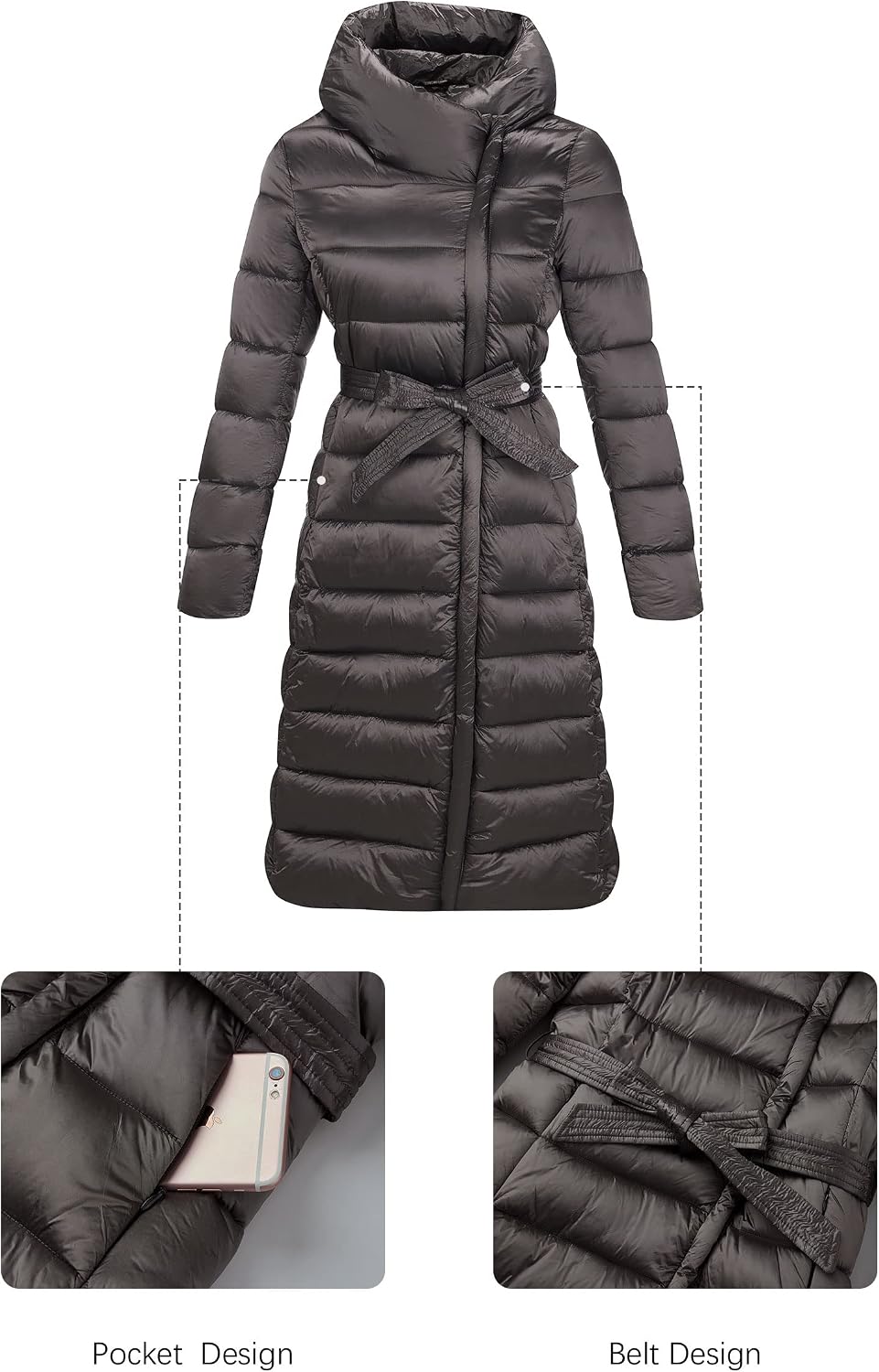 Women's Long Belted Puffer Coat High Neck Charcoal
