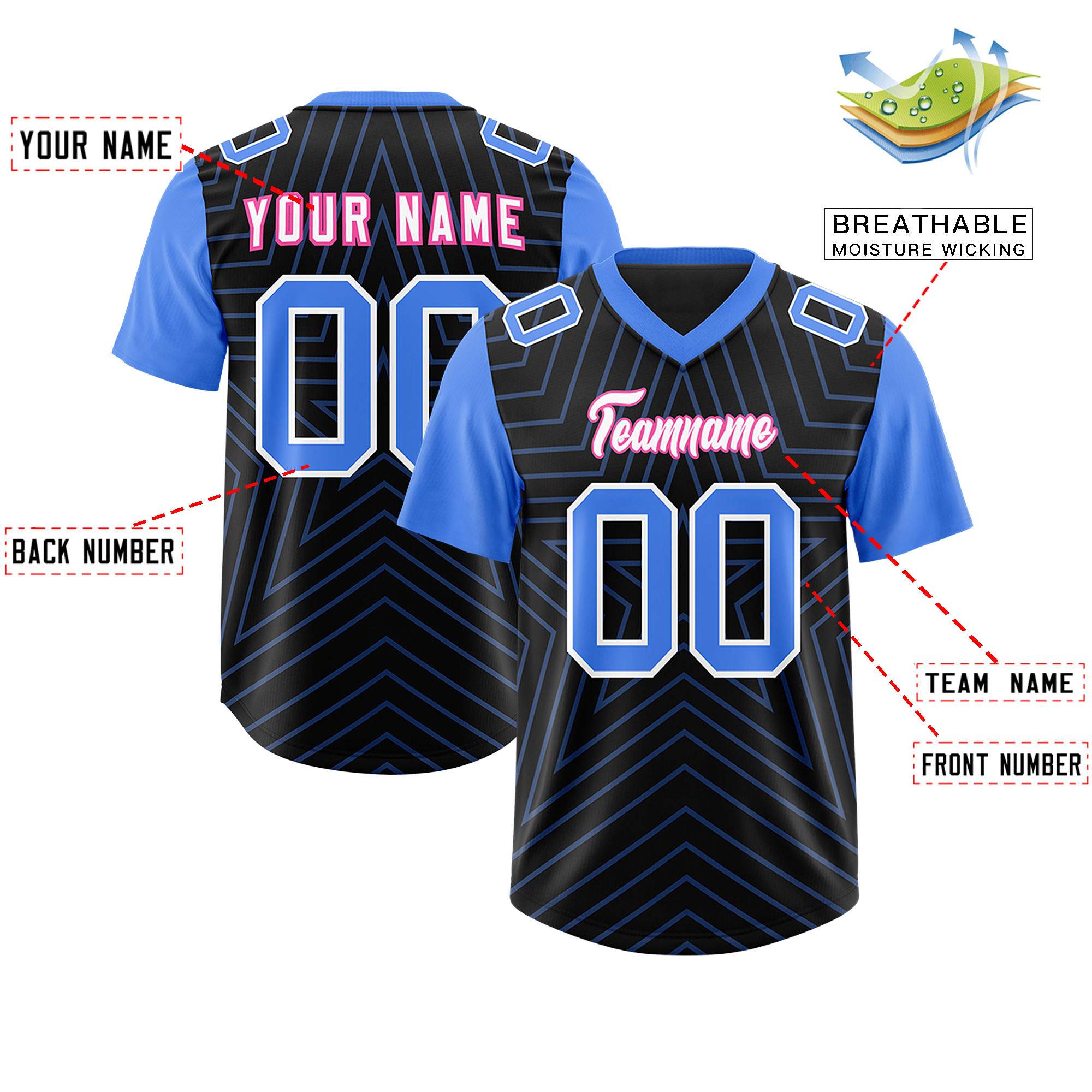 Individuell personalisiertes, authentisches Fußballtrikot mit Raglanärmeln und Sternenmuster