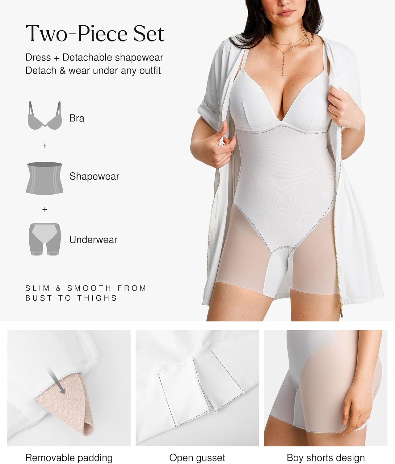 Casual Dresses for Women Short Sleeve Pleated A-Line Mini Dress with Shapewear V Neck Zip Front Two-Piece Set