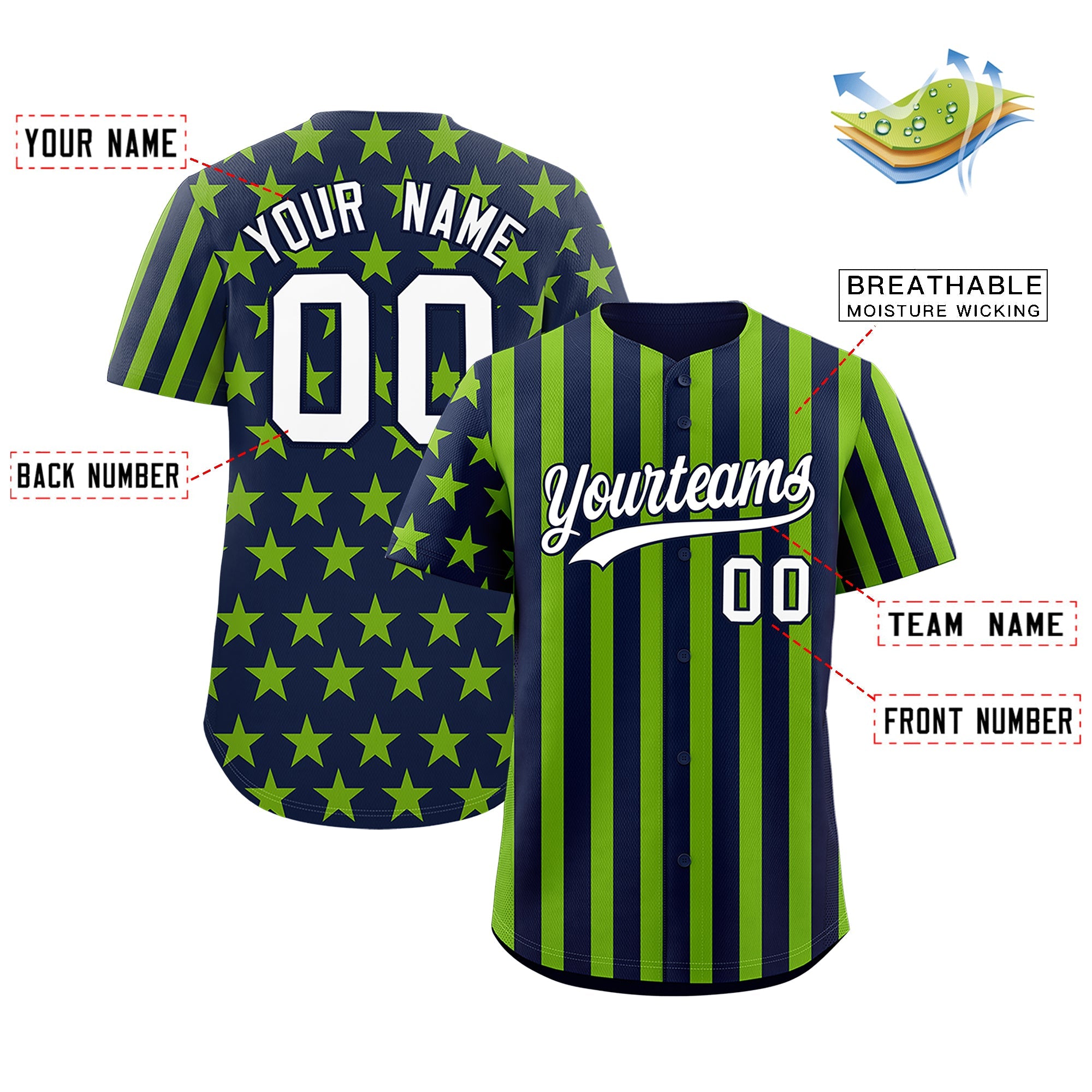 Benutzerdefiniertes Graffiti-Muster-Baseball-Trikot mit amerikanischer Flagge