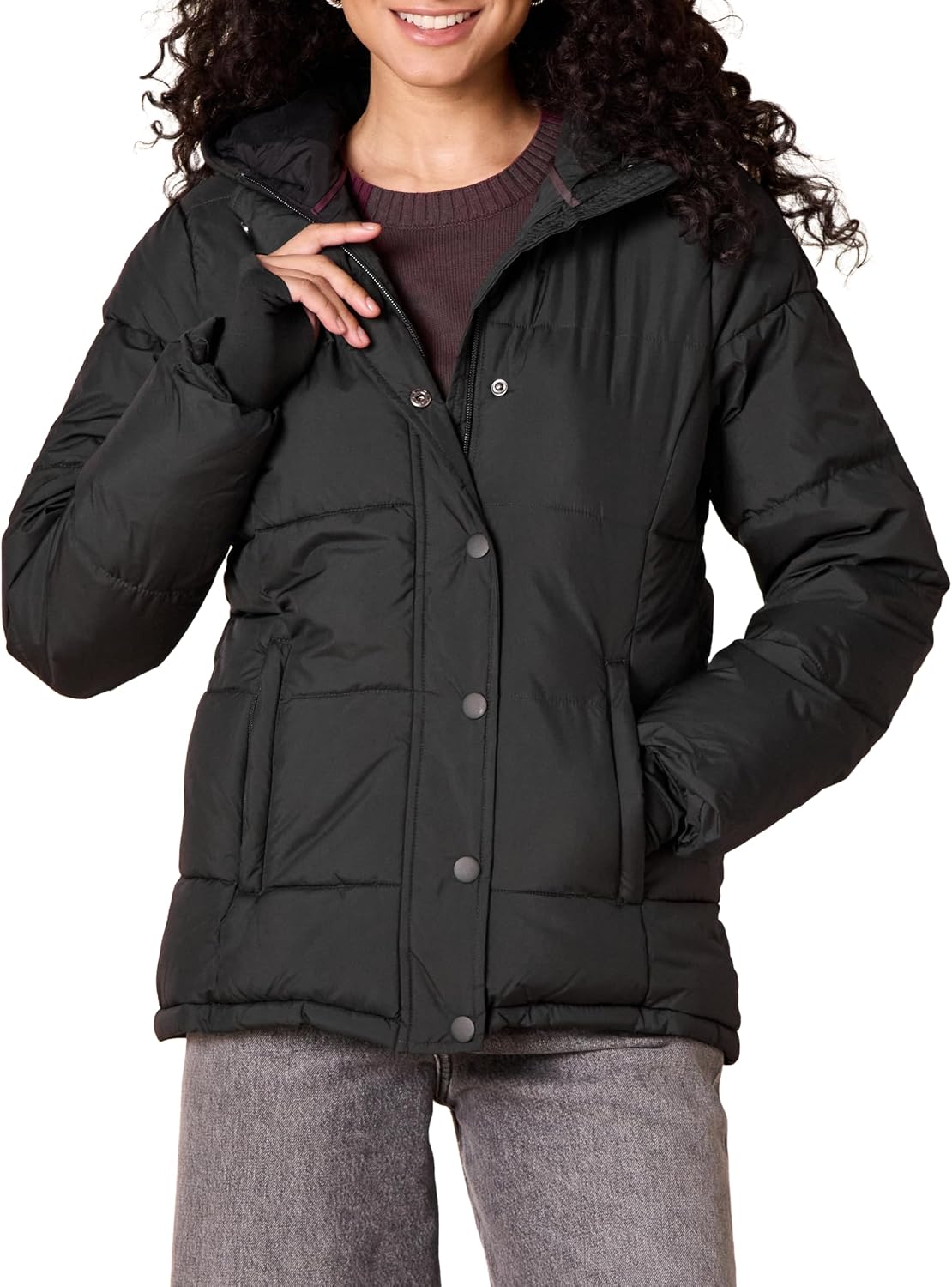 Women's Heavyweight Quilted Hooded Puffer Coat Snap Front Black
