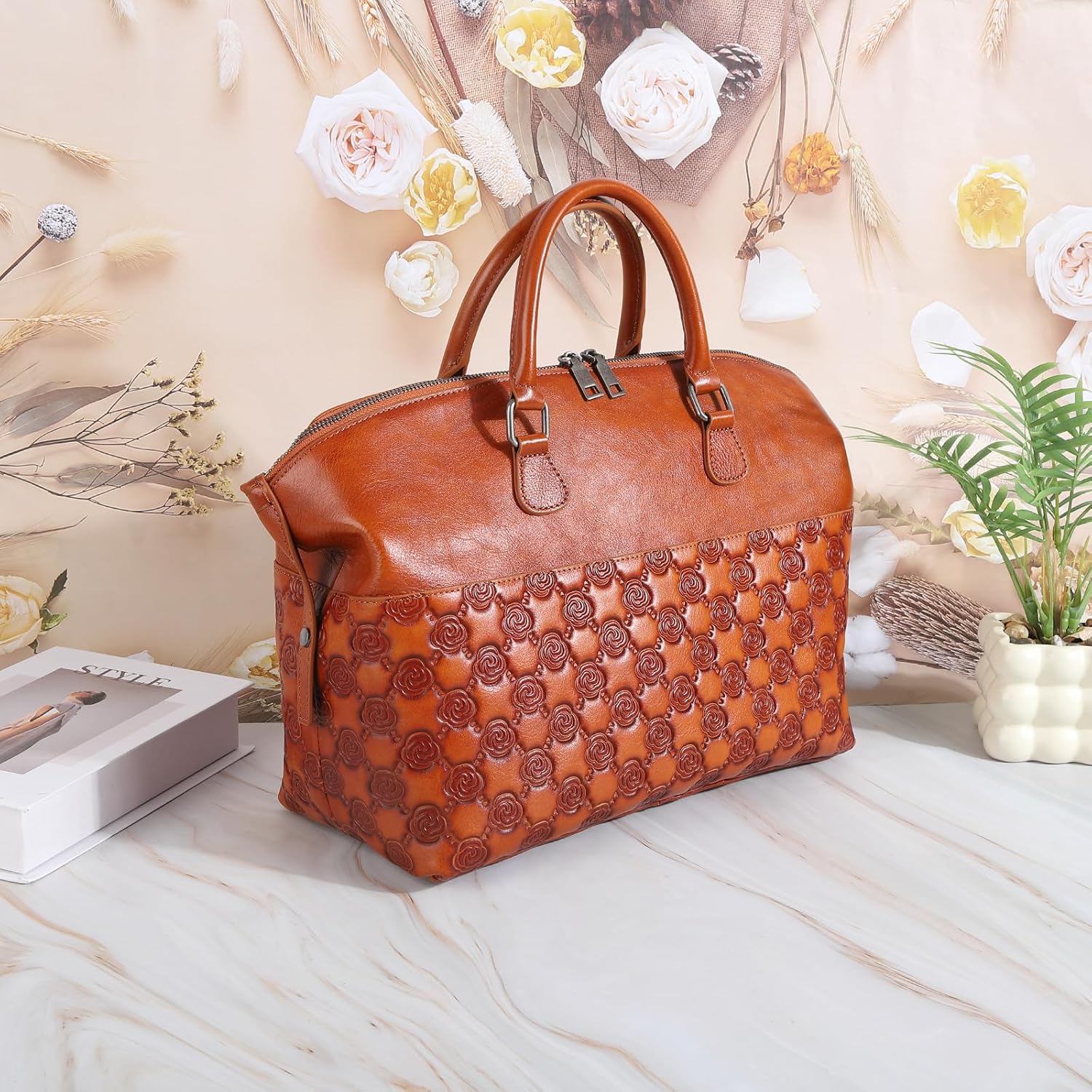 Women's Embossed Genuine Leather Boston Handbag, Brown