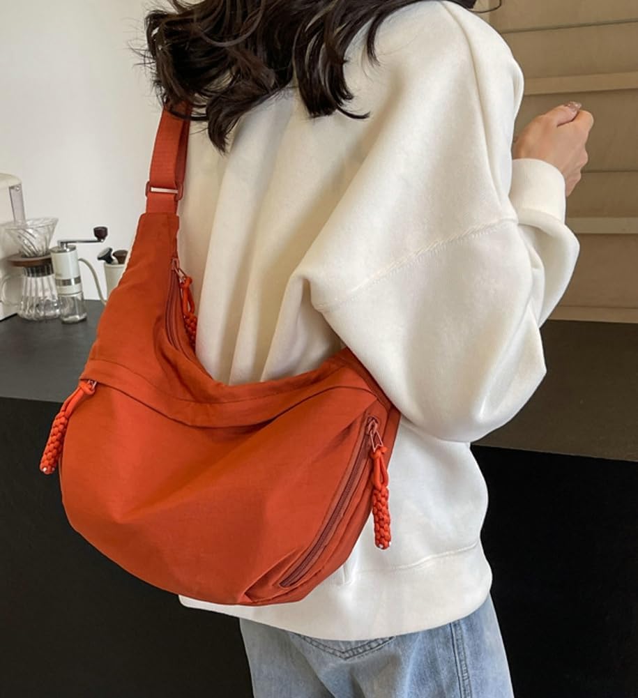 Women's Nylon Crescent Hobo Shoulder Bag Orange Beige