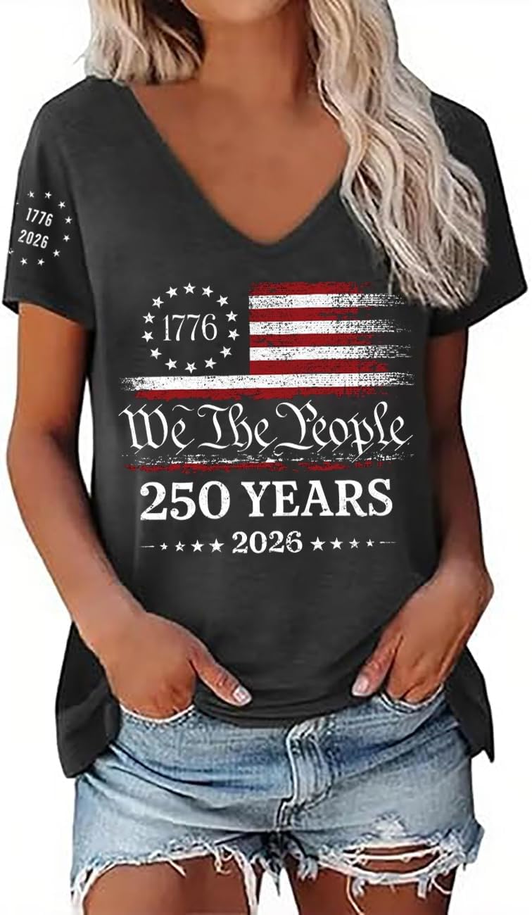 Women's American Flag Graphic V Neck T-Shirt Gray