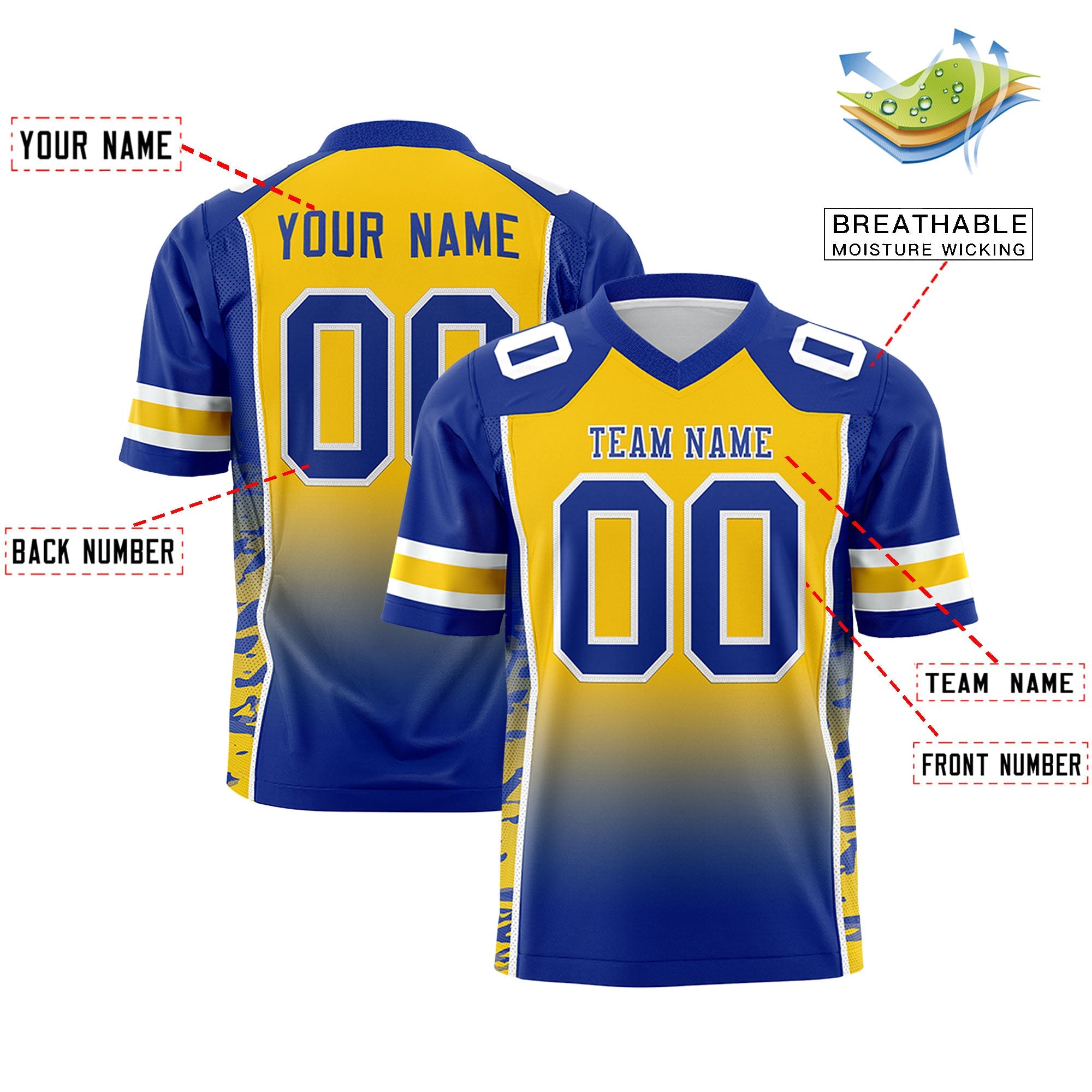 Authentisches Fußballtrikot mit individuellem Farbverlauf und personalisiertem Seitenmuster