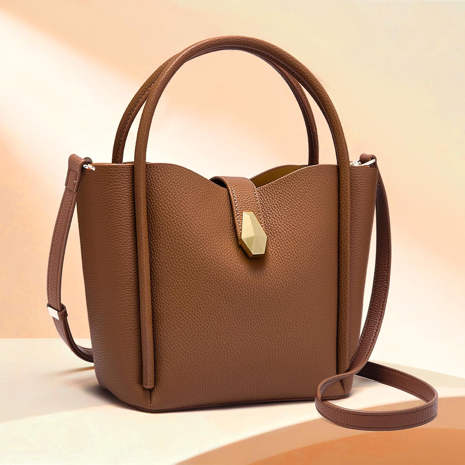 Women's Genuine Leather Bucket Tote Bag Brown