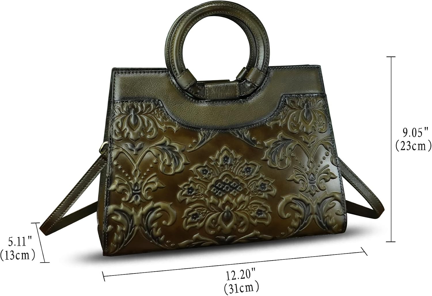 Women's Embossed Floral Leather Top Handle Satchel Olive Women's Embossed Floral Leather Top Handle Satchel Olive