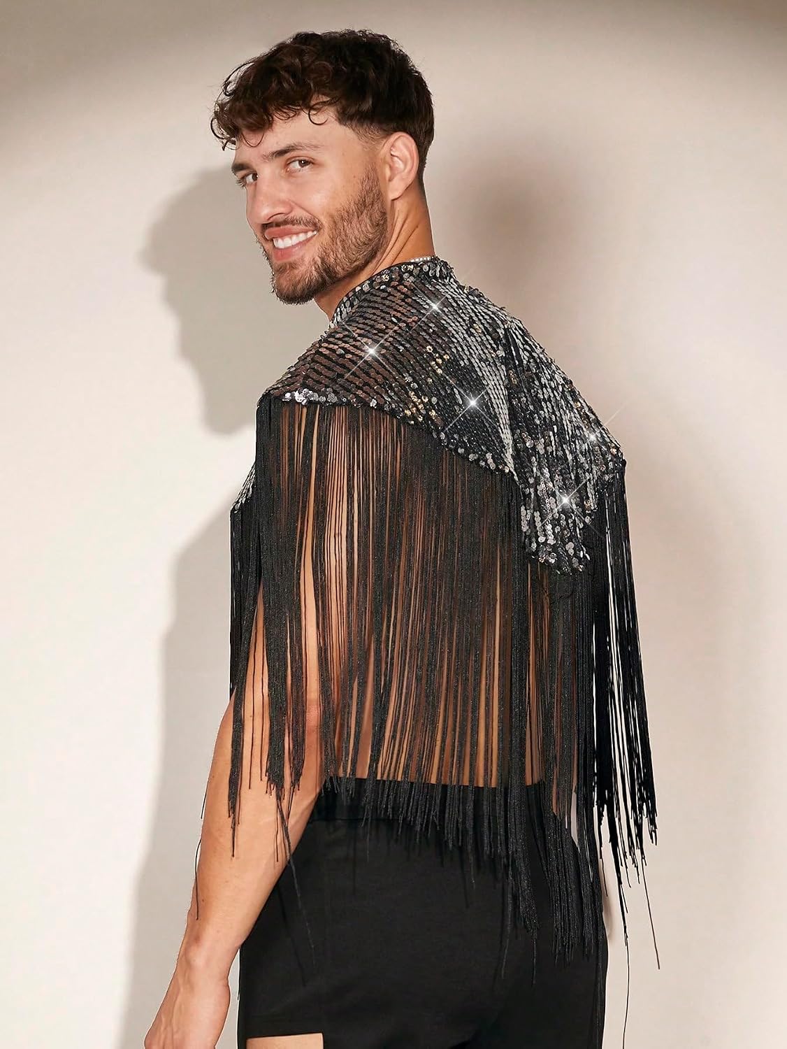 Men's Sequin Fringe Mock Neck Vest Top Black Men's Sequin Fringe Mock Neck Vest Top Black