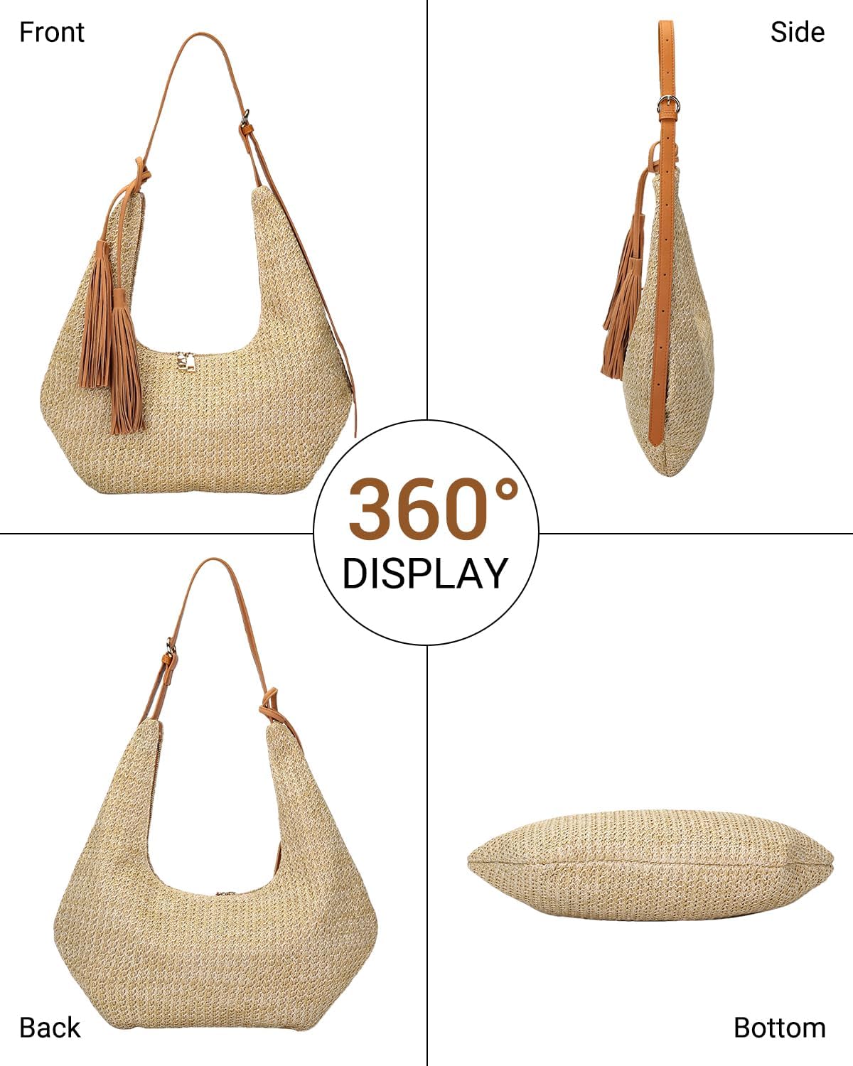Women's Straw Woven Hobo Beach Bag with Tassel