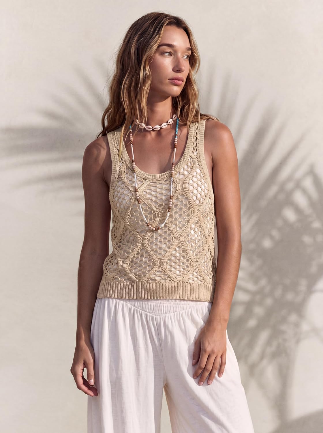 Women's Beige Crochet Scoop Neck Sweater Tank