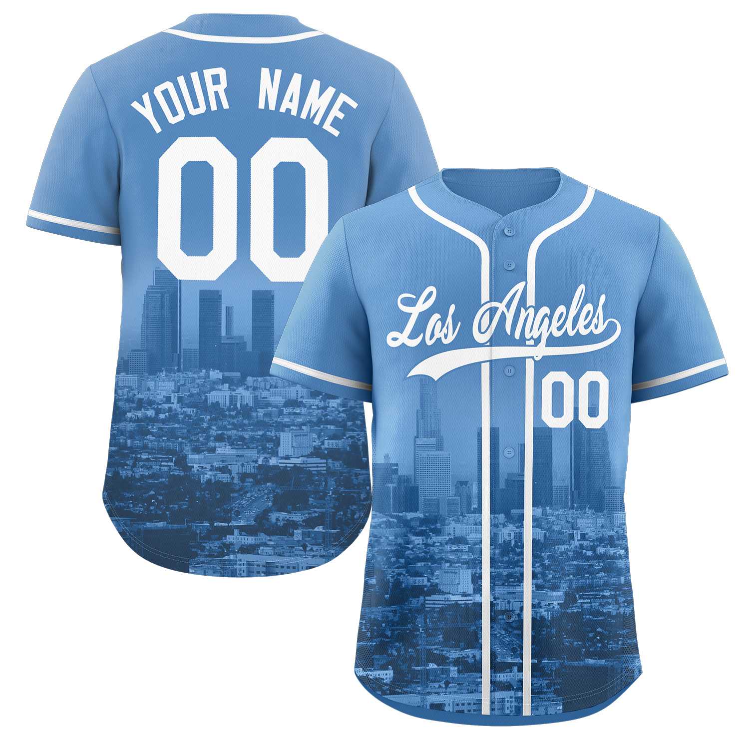 Maßgeschneidertes weiß-puderblaues Los Angeles City Skyline Baseball-Trikot