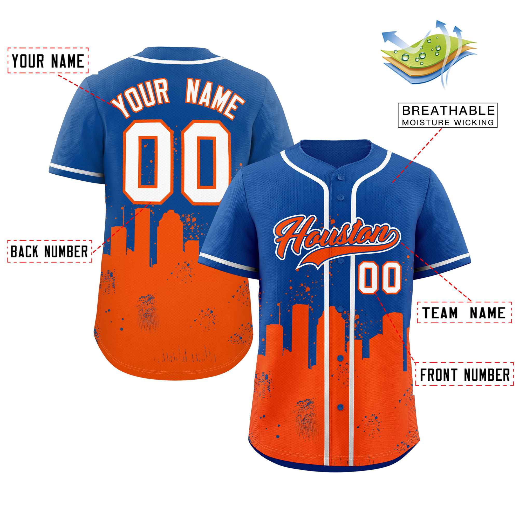 Benutzerdefinierte Royal Orange personalisierte Houston City Nightscape authentische Baseball-Trikot