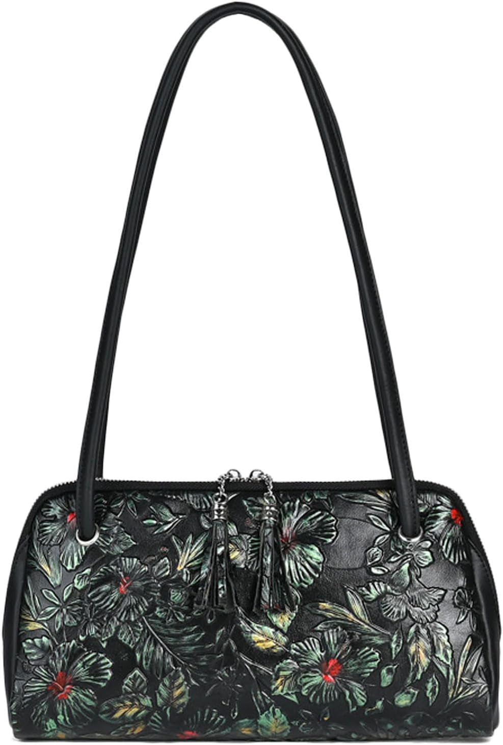 Women's Embossed Floral Leather Zip Shoulder Bag Black