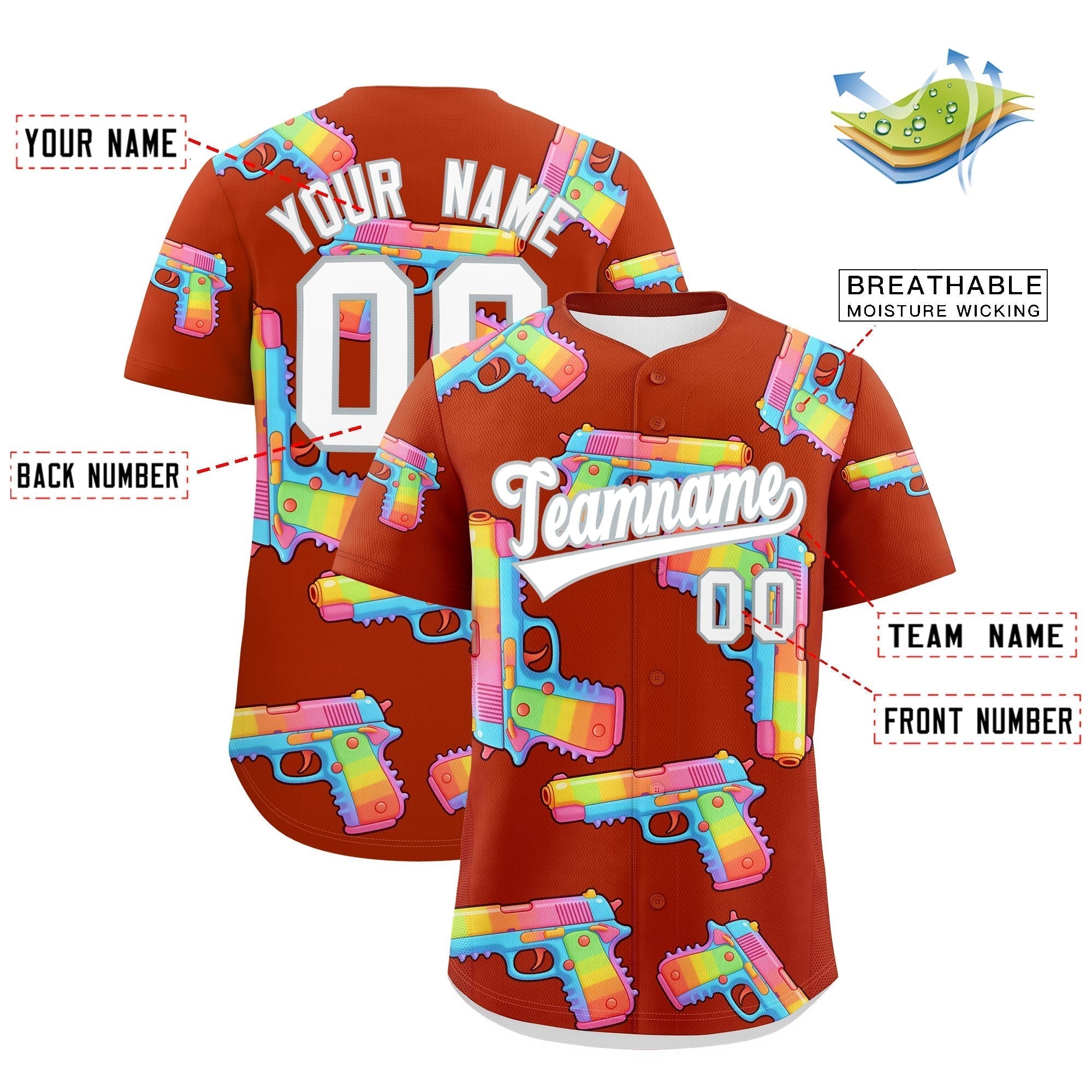Benutzerdefiniertes dunkelorange-weißes, mit Zucker überzogenes, knitterfreies Baseball-Trikot mit Feuerkraft-Graffiti-Muster Benutzerdefiniertes dunkelorange-weißes, mit Zucker überzogenes, knitterfreies Baseball-Trikot mit Feuerkraft-Graffiti-Muster