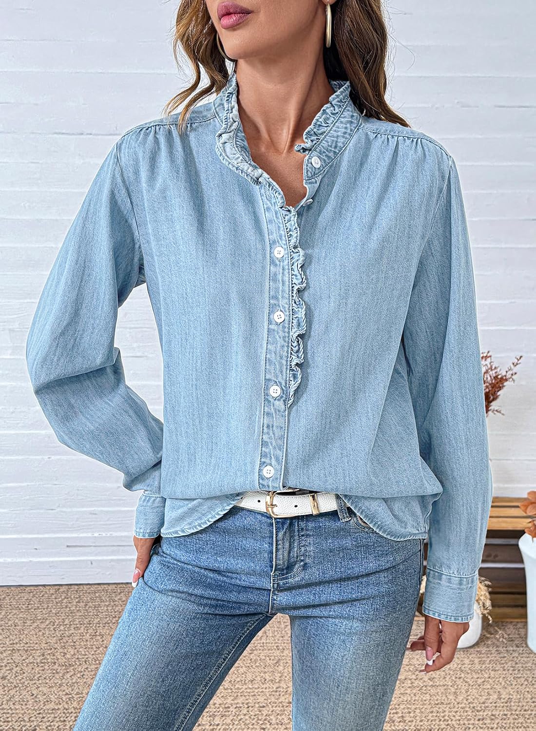 Women's Ruffle Trim Denim Shirt Button Down Long Sleeve