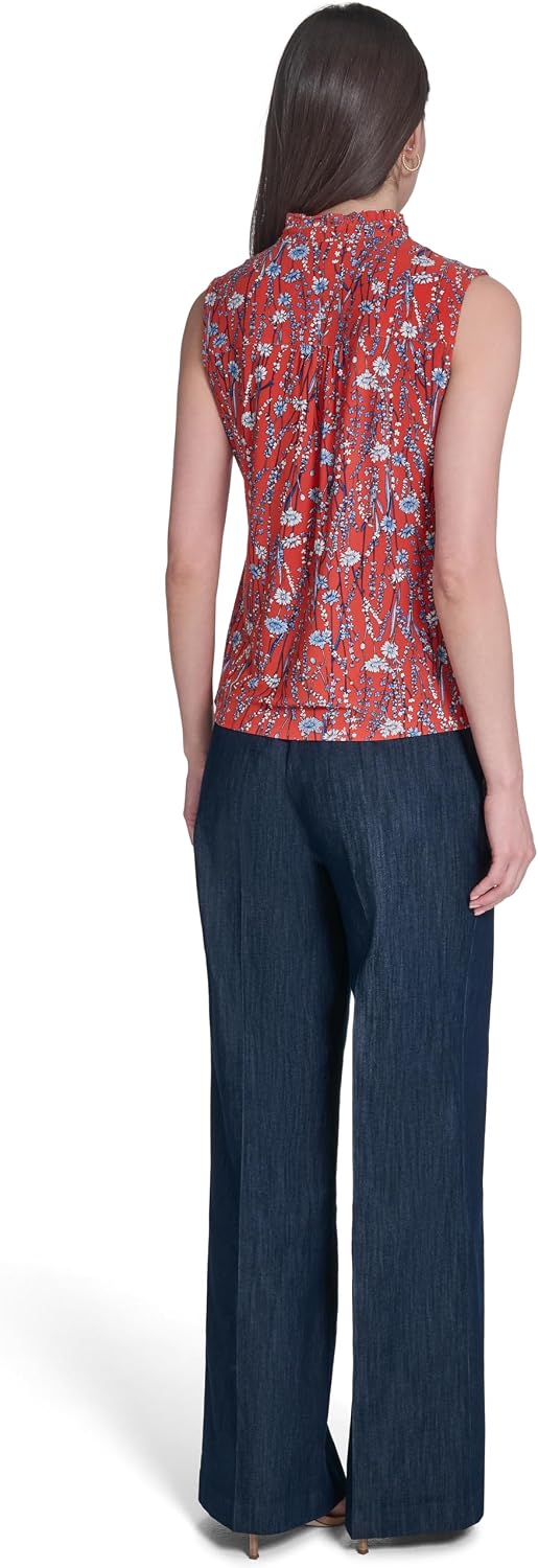 Women's Floral Print Sleeveless Button Up Shirt, Red