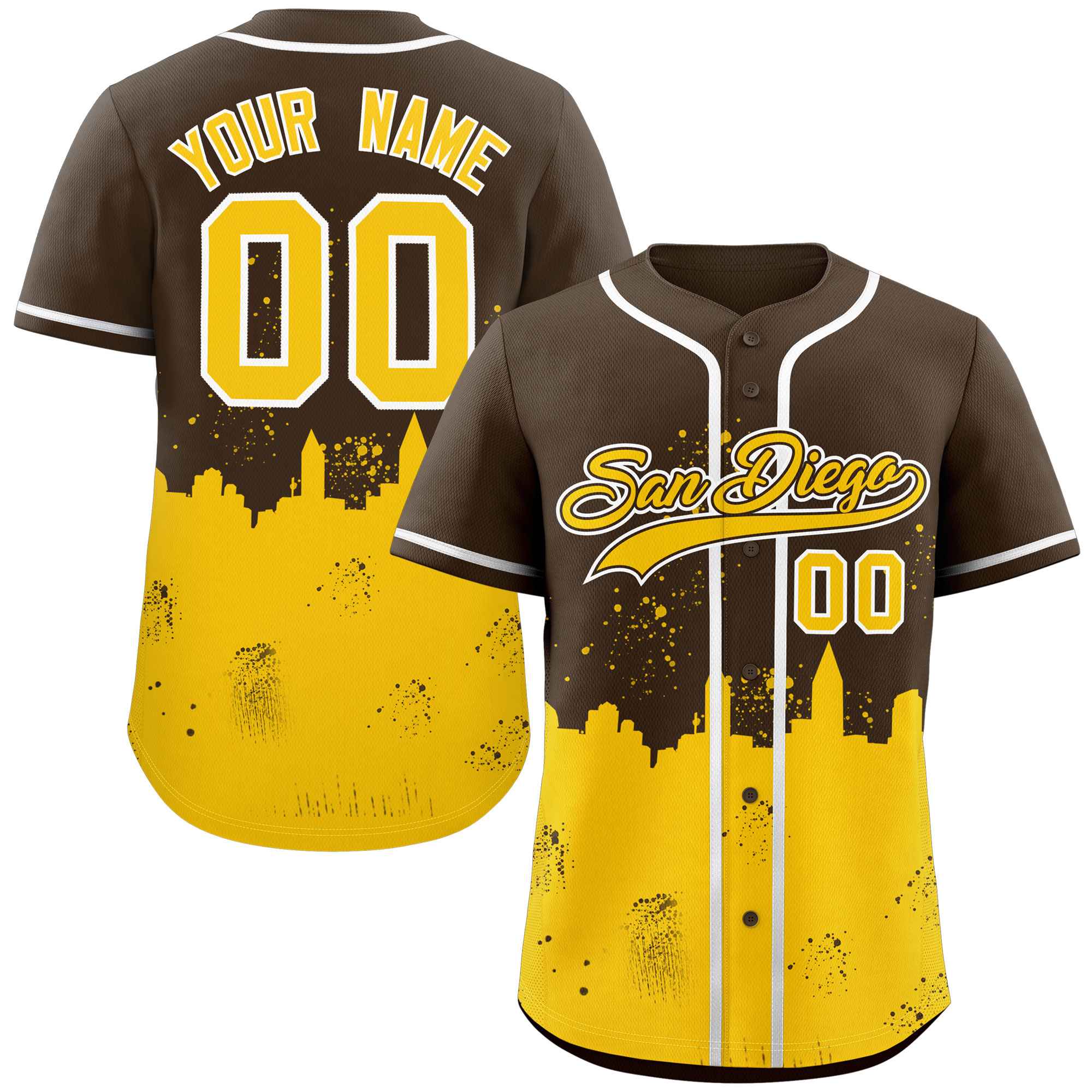 Benutzerdefiniertes hellbraunes, gelbes, personalisiertes San Diego City Nightscape Authentisches Baseball-Trikot