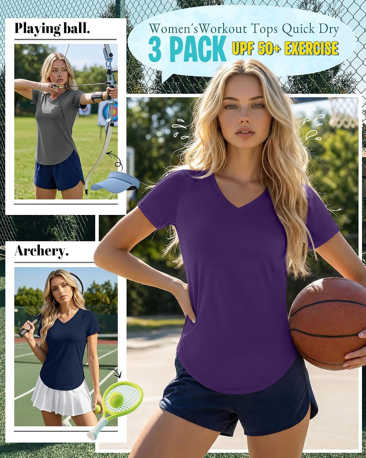 Women's 3 Pack Quick Dry V Neck Athletic T-Shirts