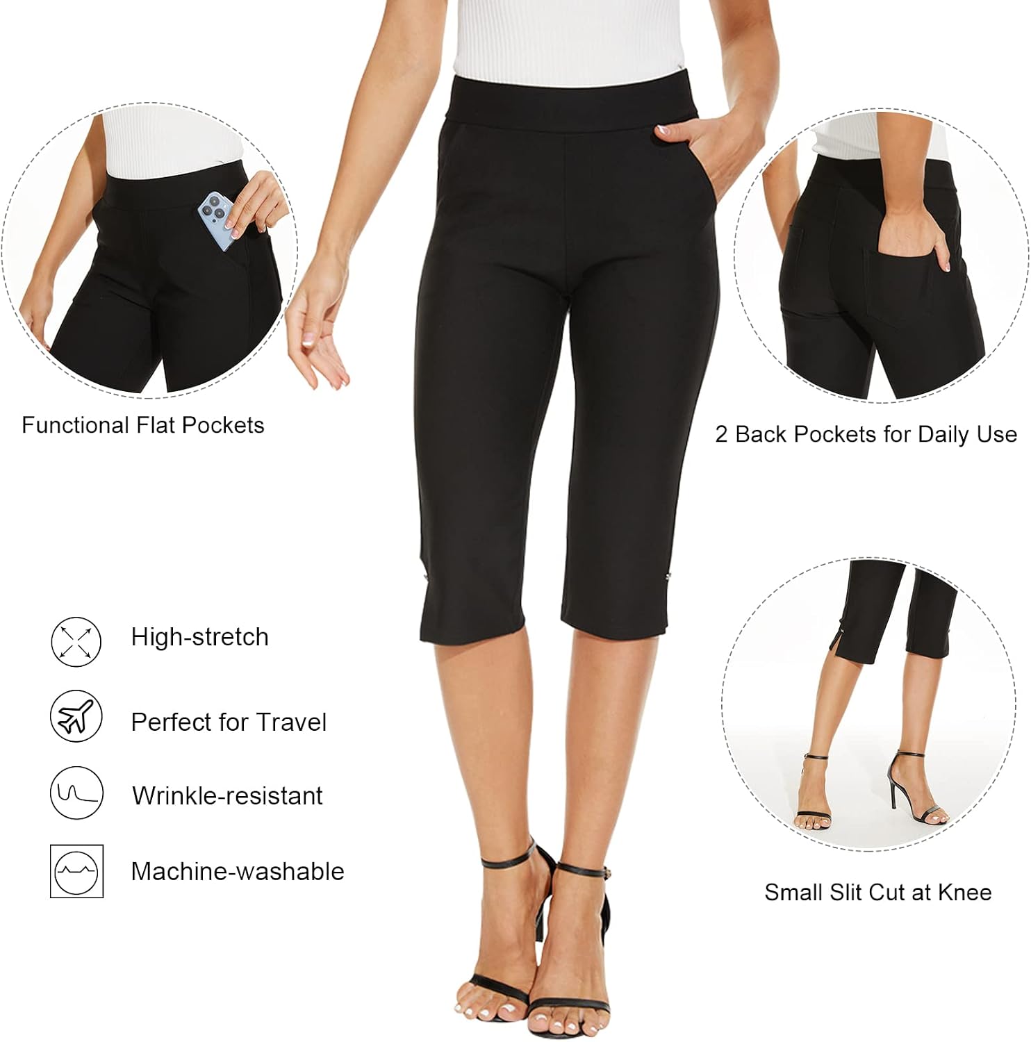 Women's High Waist Capri Pants with Pockets (Black)