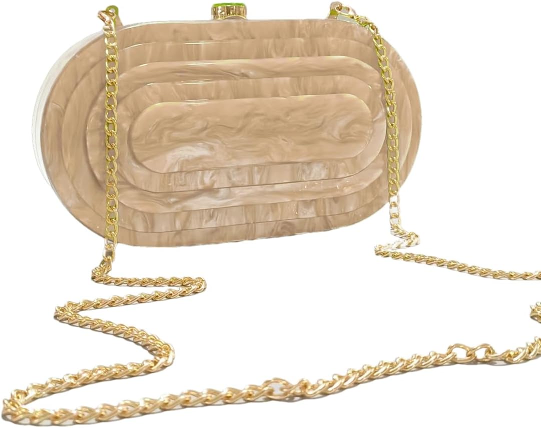 Women's Beige Acrylic Shell Clutch with Gold Chain