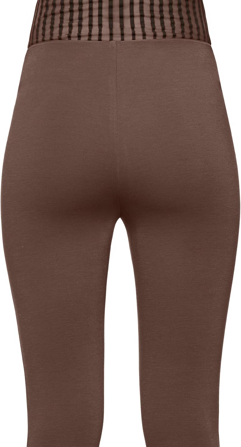 Women's Faux Leather Front Leggings with Mesh Panels (Brown)