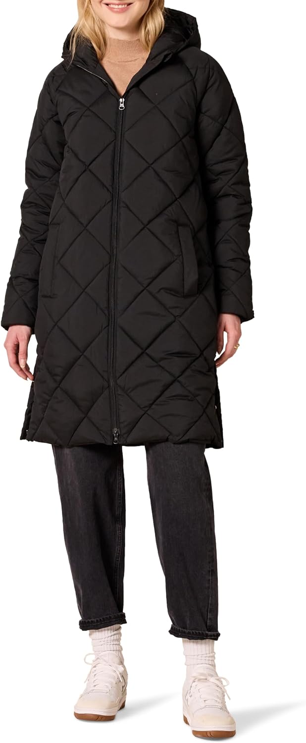 Women's Diamond Quilted Knee Length Hooded Puffer Coat Black