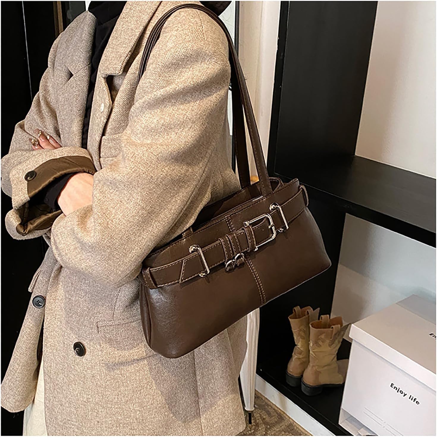 Women's Y2K Belt Buckle Hobo Bag Brown PU Leather Women's Y2K Belt Buckle Hobo Bag Brown PU Leather