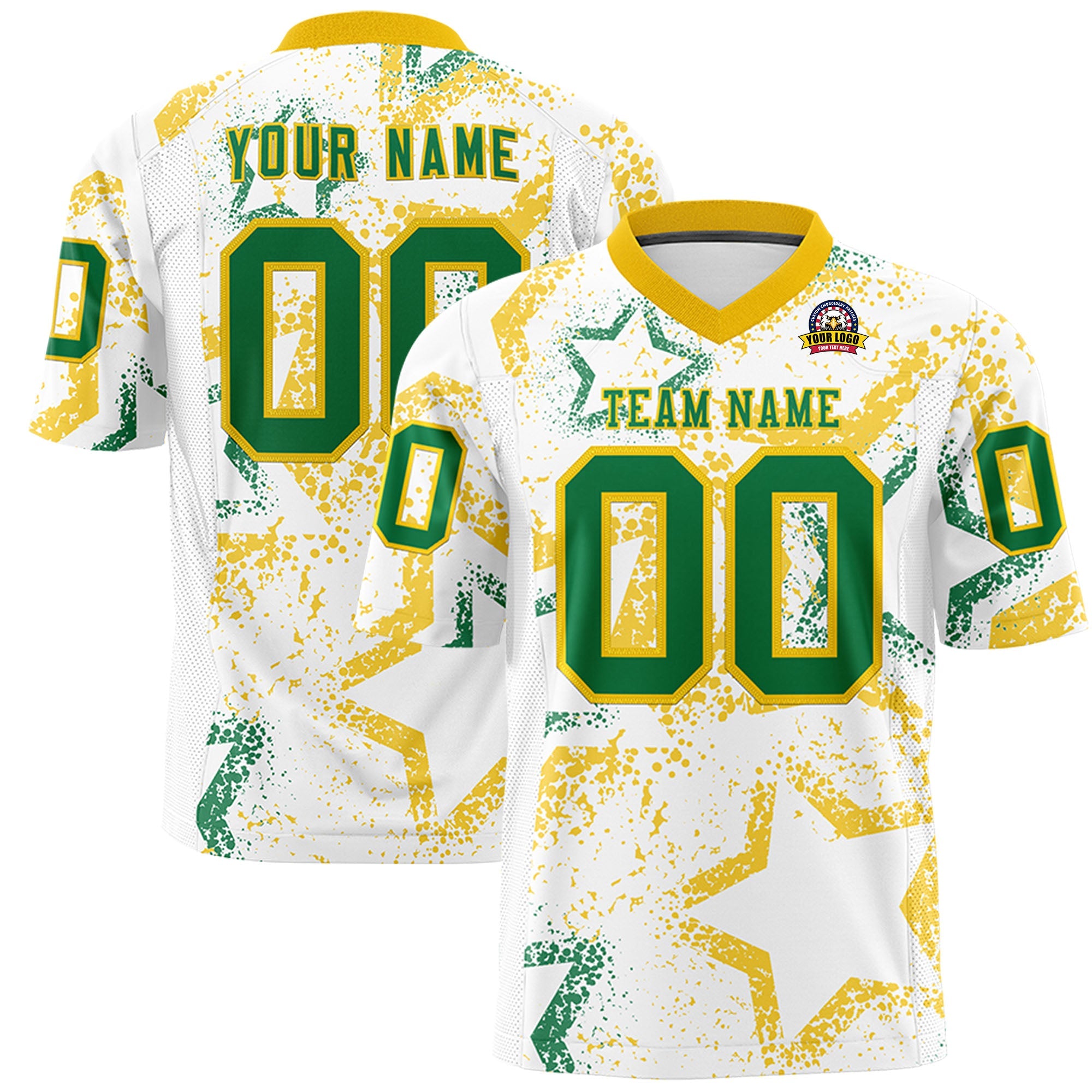 Benutzerdefiniertes Weißgold-Kelly-Grün, personalisiertes Star-Graffiti-Muster, authentisches Fußballtrikot