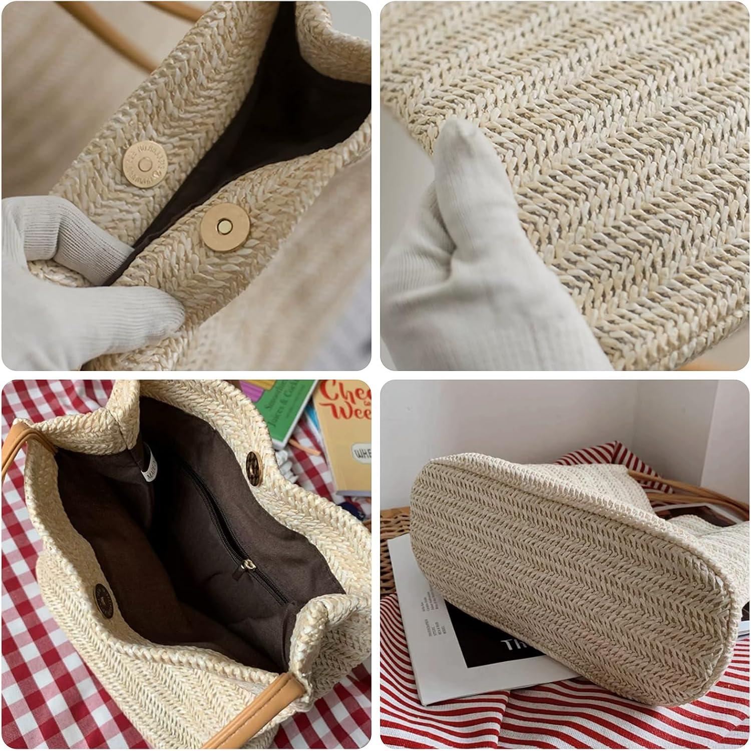 Women's Woven Straw Tote Bag Beige Herringbone
