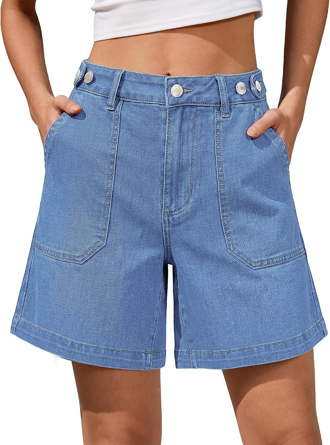 Jean Shorts for Women Adjustable Waist Jorts Wide Leg Denim Casual Style Stretch Baggy 7 Inch Inseam Distressed Design Summer Patch Pockets