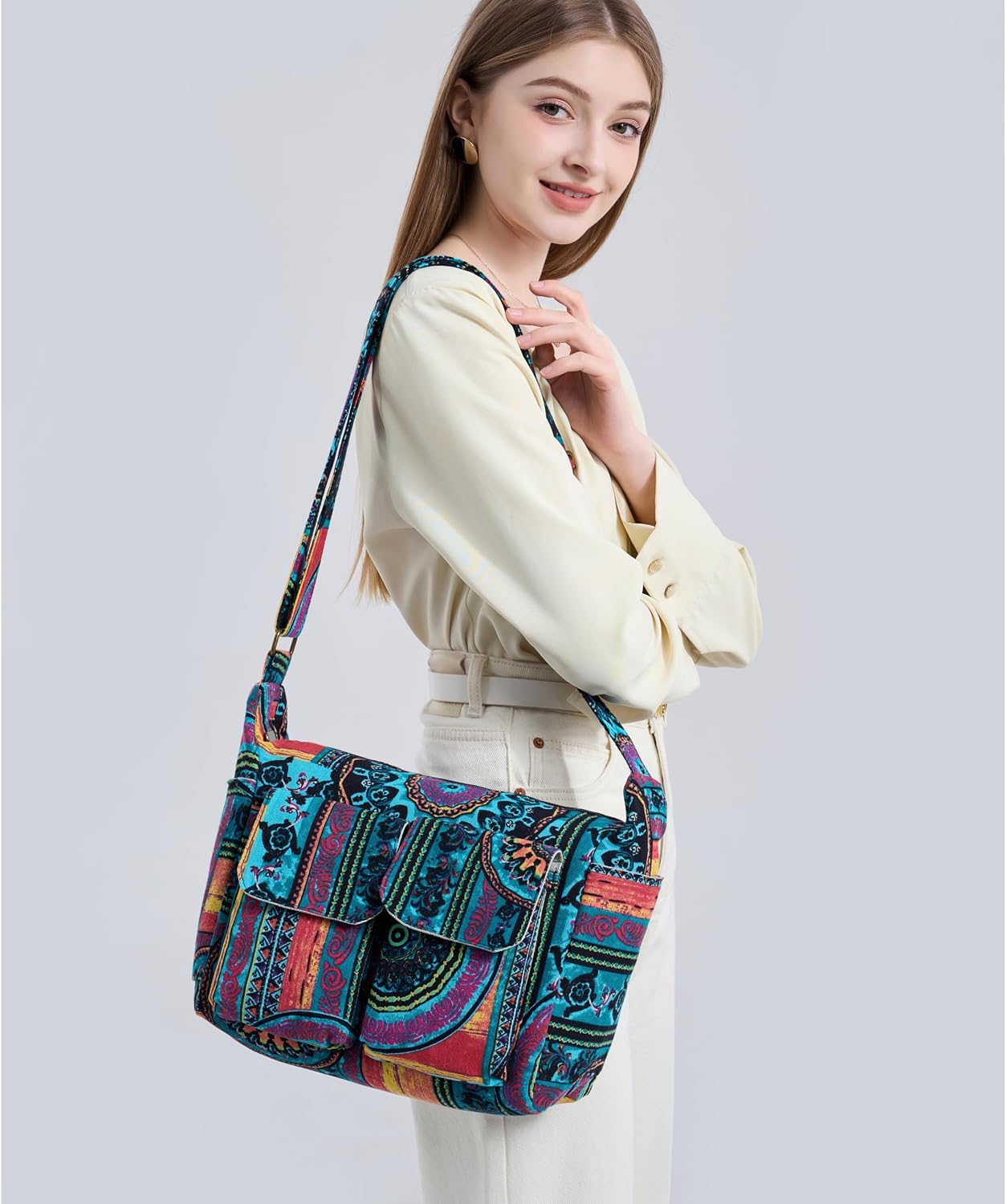 Women's Boho Canvas Hobo Bag Multicolor Crossbody Purse