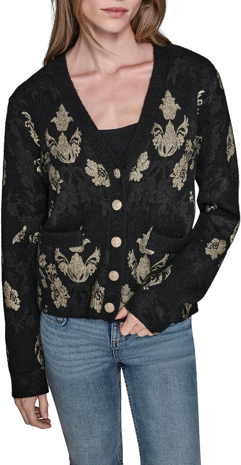 Women's Damask Print V Neck Button Front Cardigan