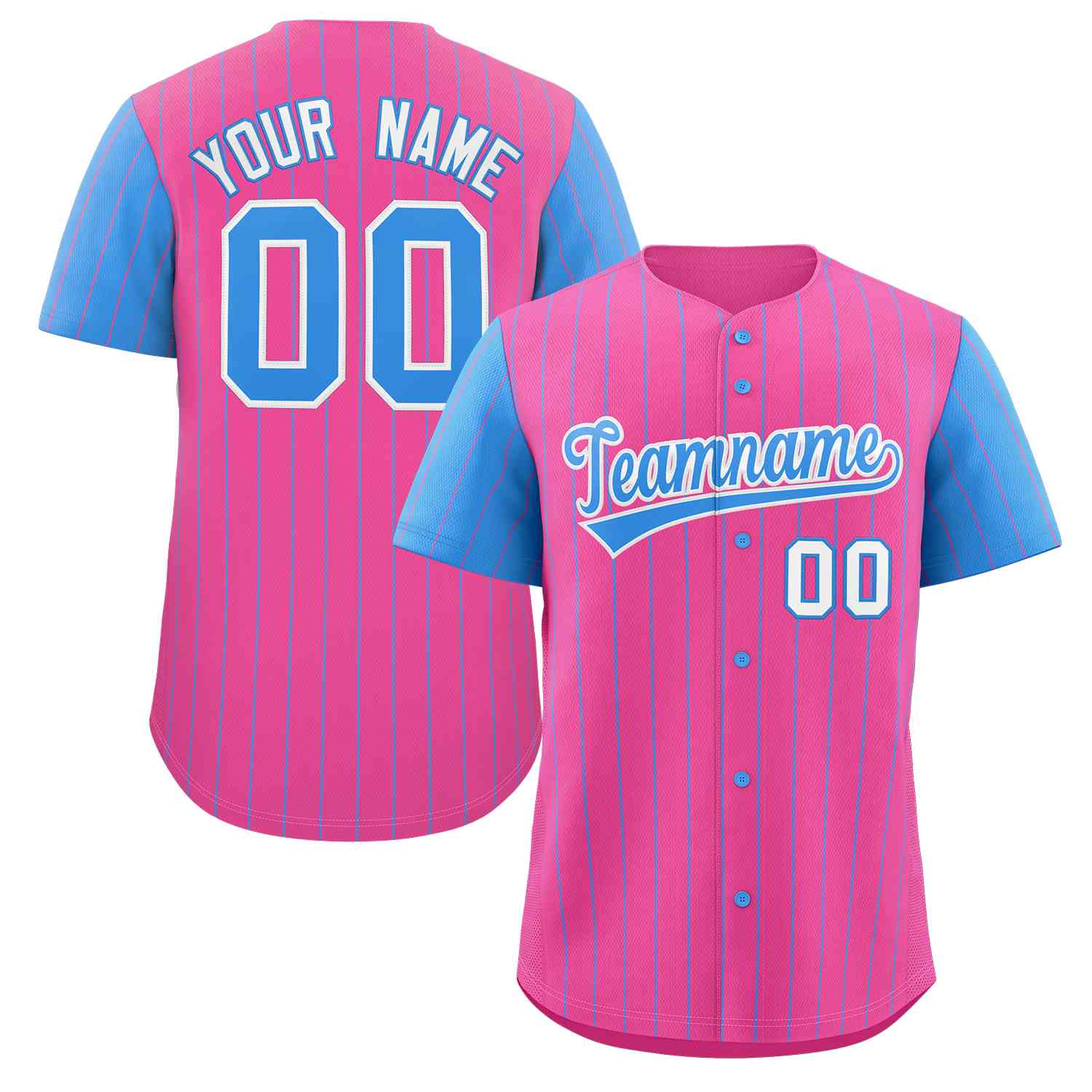 Benutzerdefiniertes authentisches Baseball-Trikot mit modischen Raglanärmeln in Rosa-Puderblau-Weiß-Streifen