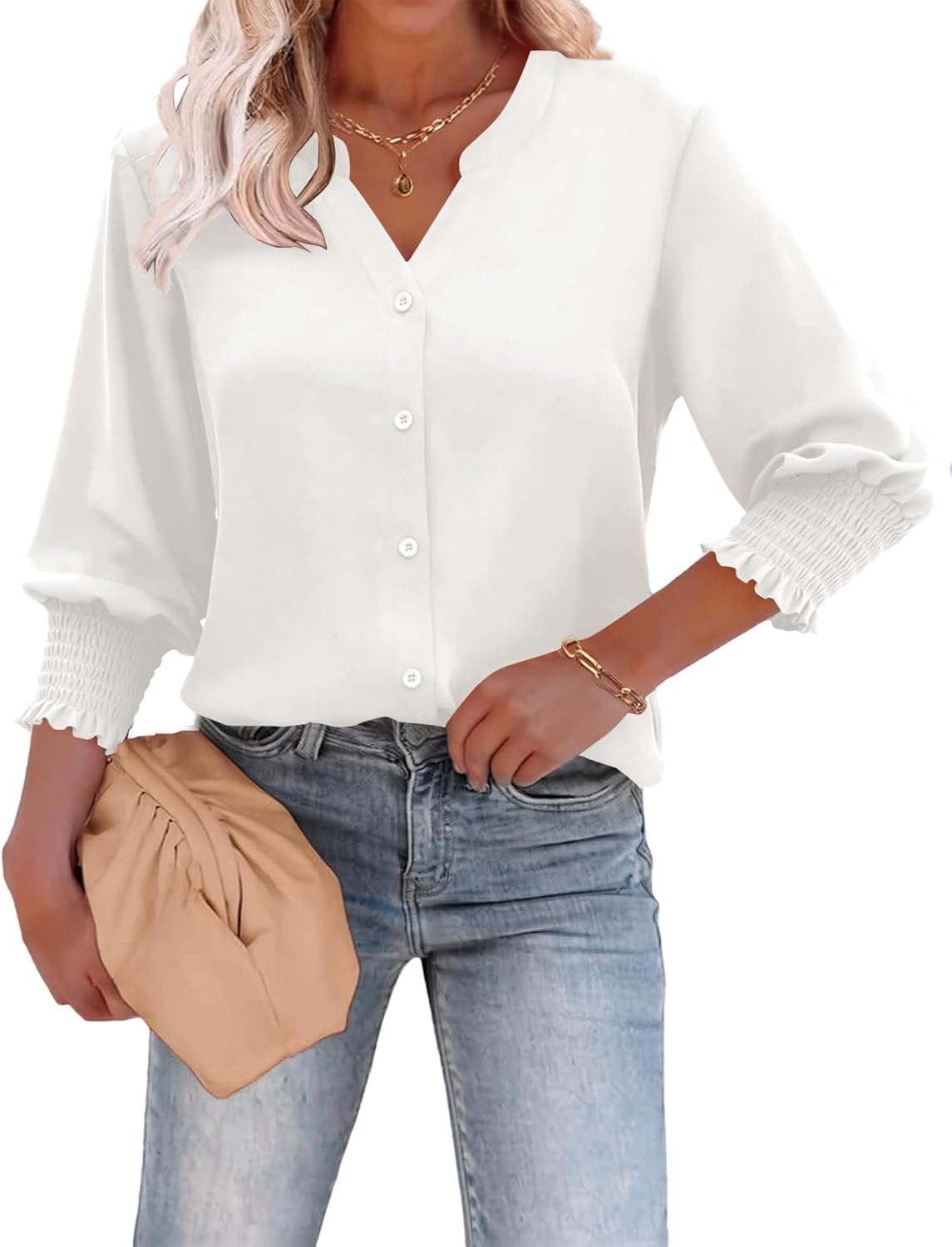 Button Down Shirts for Women 3-Quarter Length Sleeve Business Casual Blouses Summer Tops