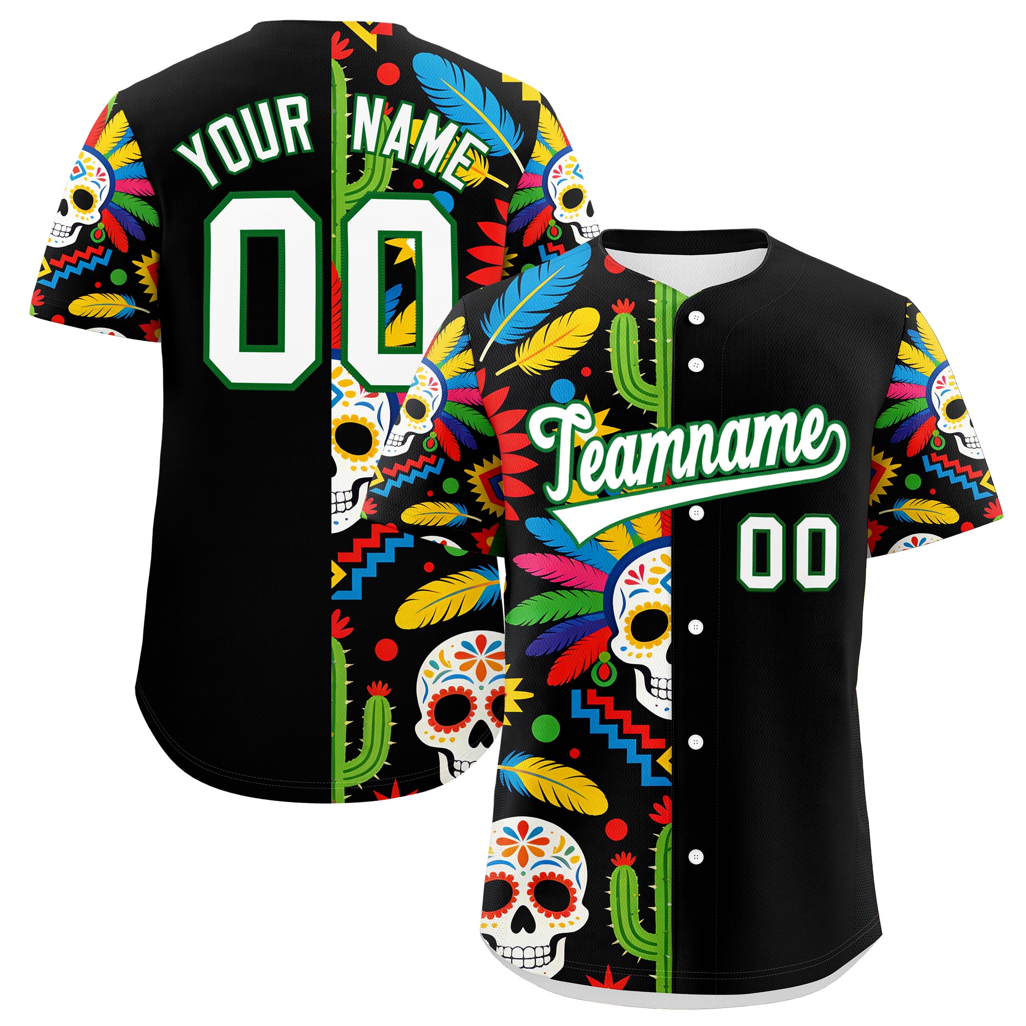 Benutzerdefiniertes Baseball-Trikot aus Stretchstoff mit Graffiti-Muster im mexikanischen Stil Benutzerdefiniertes Baseball-Trikot aus Stretchstoff mit Graffiti-Muster im mexikanischen Stil