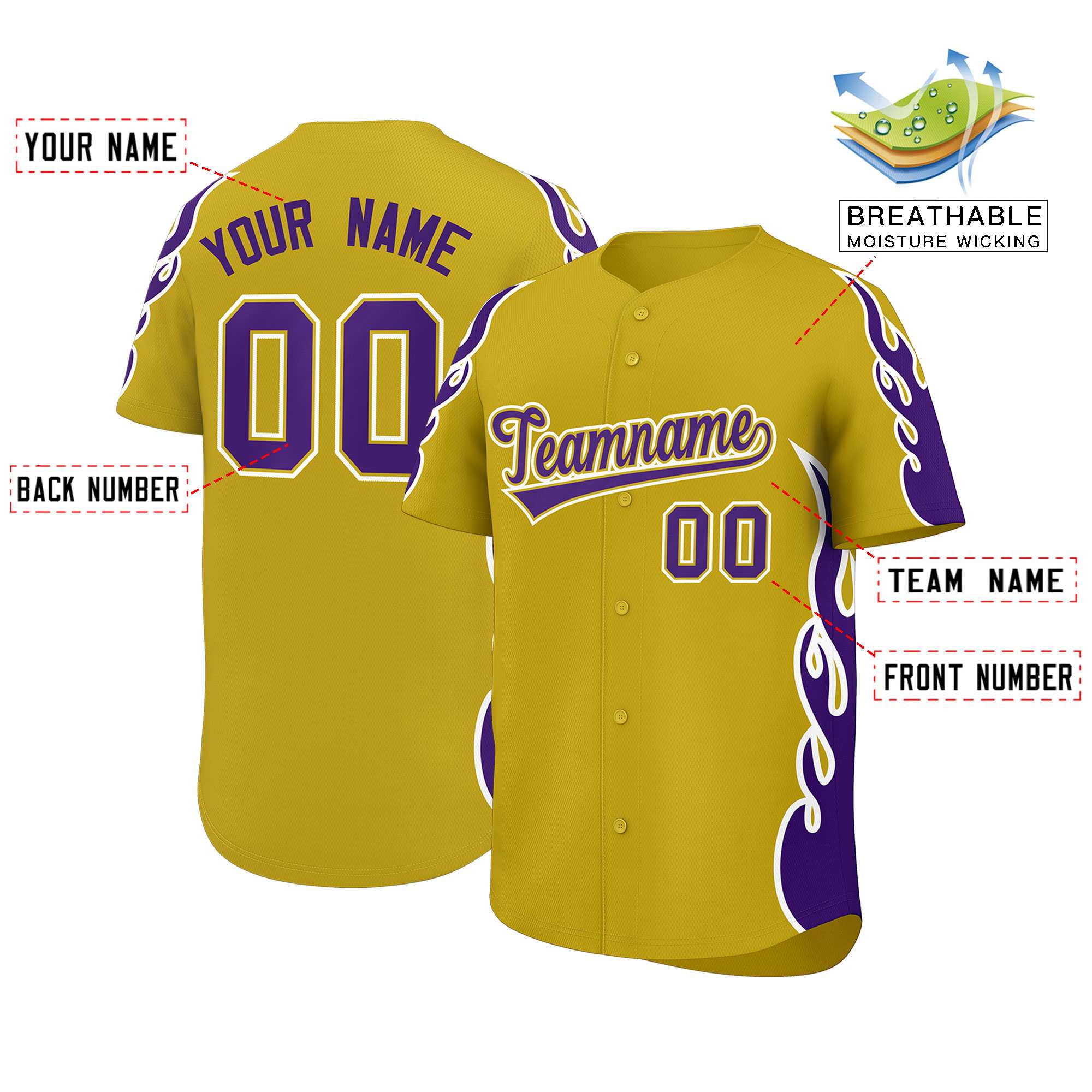 Benutzerdefiniertes Baseball-Trikot mit Seitenflammen-Umrissmuster für Sportuniformen
