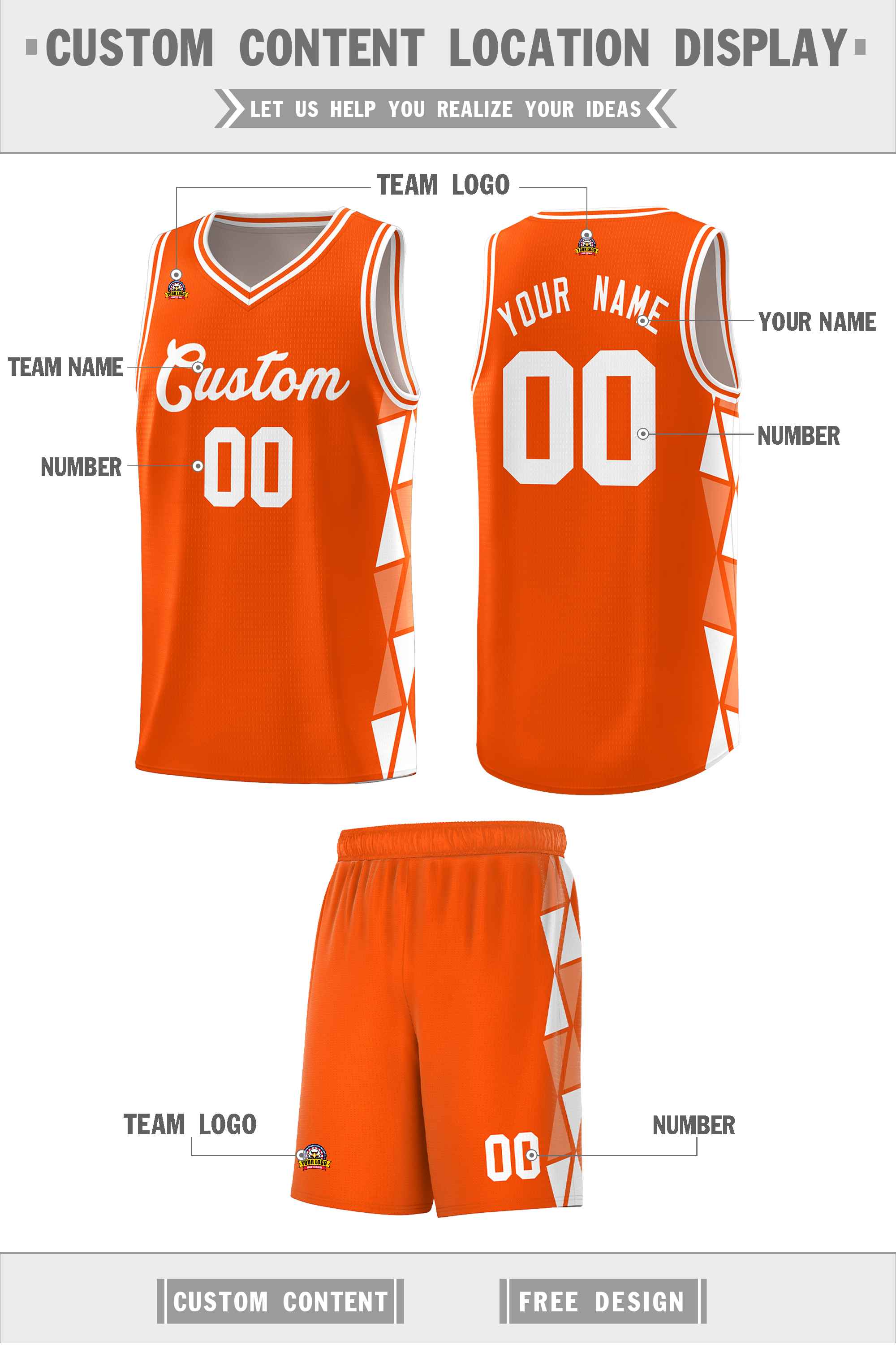 Maßgeschneidertes orange-weiß-hellorangefarbenes zweifarbiges Dreieck-Spleißen-Sportuniform-Basketballtrikot