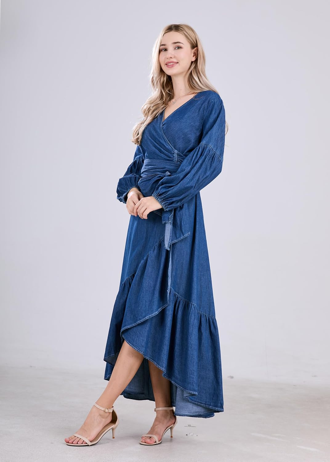 Womens Casual Belted Long Sleeve Denim Dress Wrapped V-Neck Ruffle Hem Maxi Dresses for Women